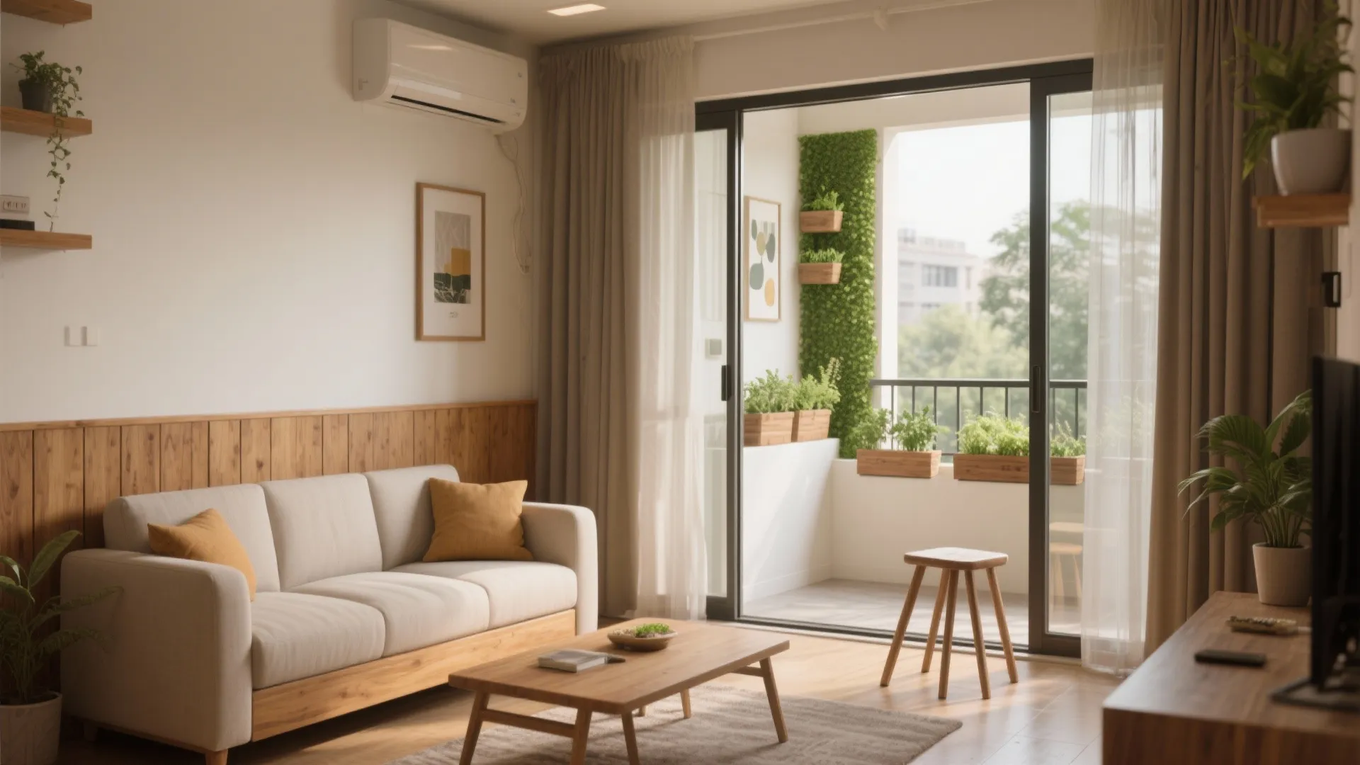 Warm Wood Accents and a Balcony Green Pocket