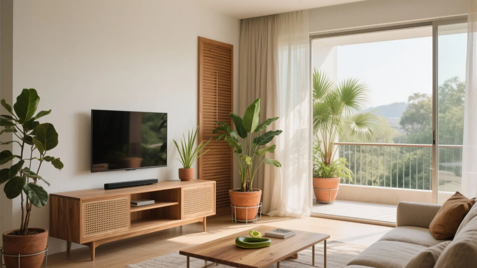 Warm wood accents and balcony greens with cross-ventilation