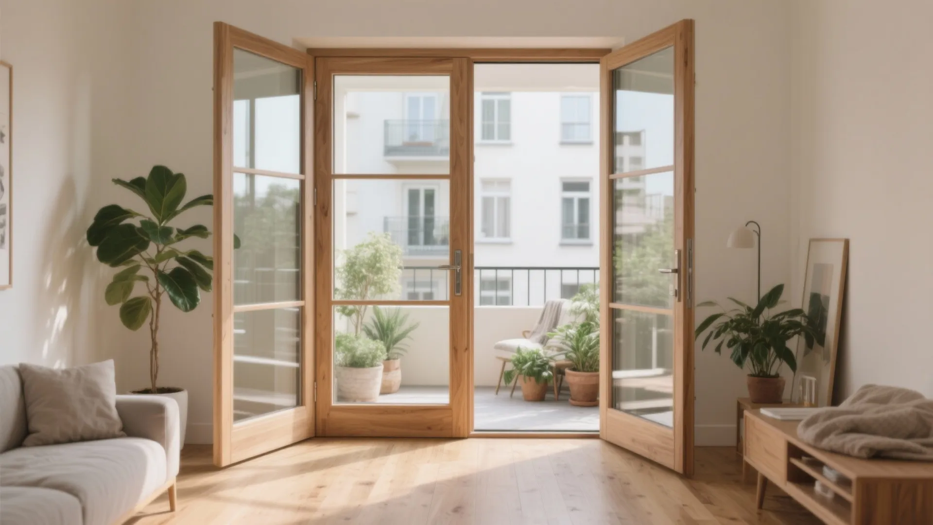 Sunny living room with wide open wooden glass doors leading to a balcony with green plants