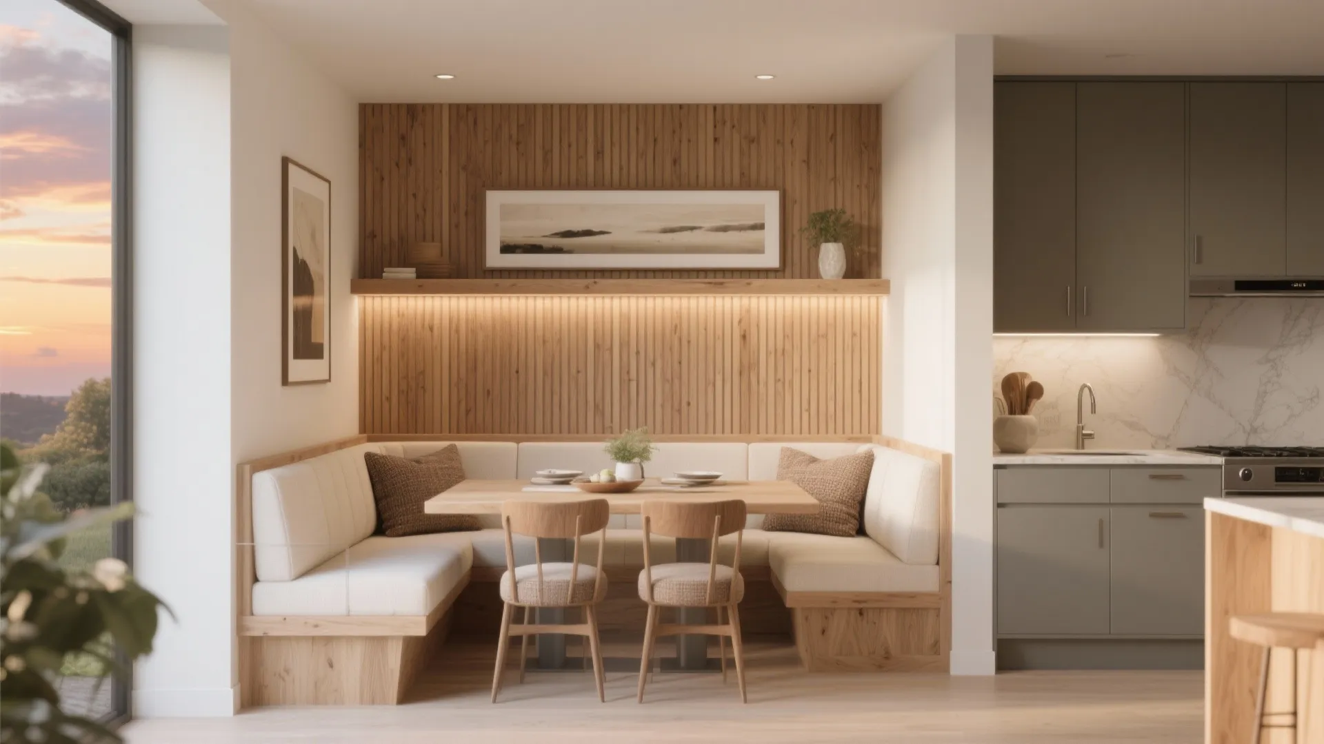 Warm wood accents with built-in banquette seating