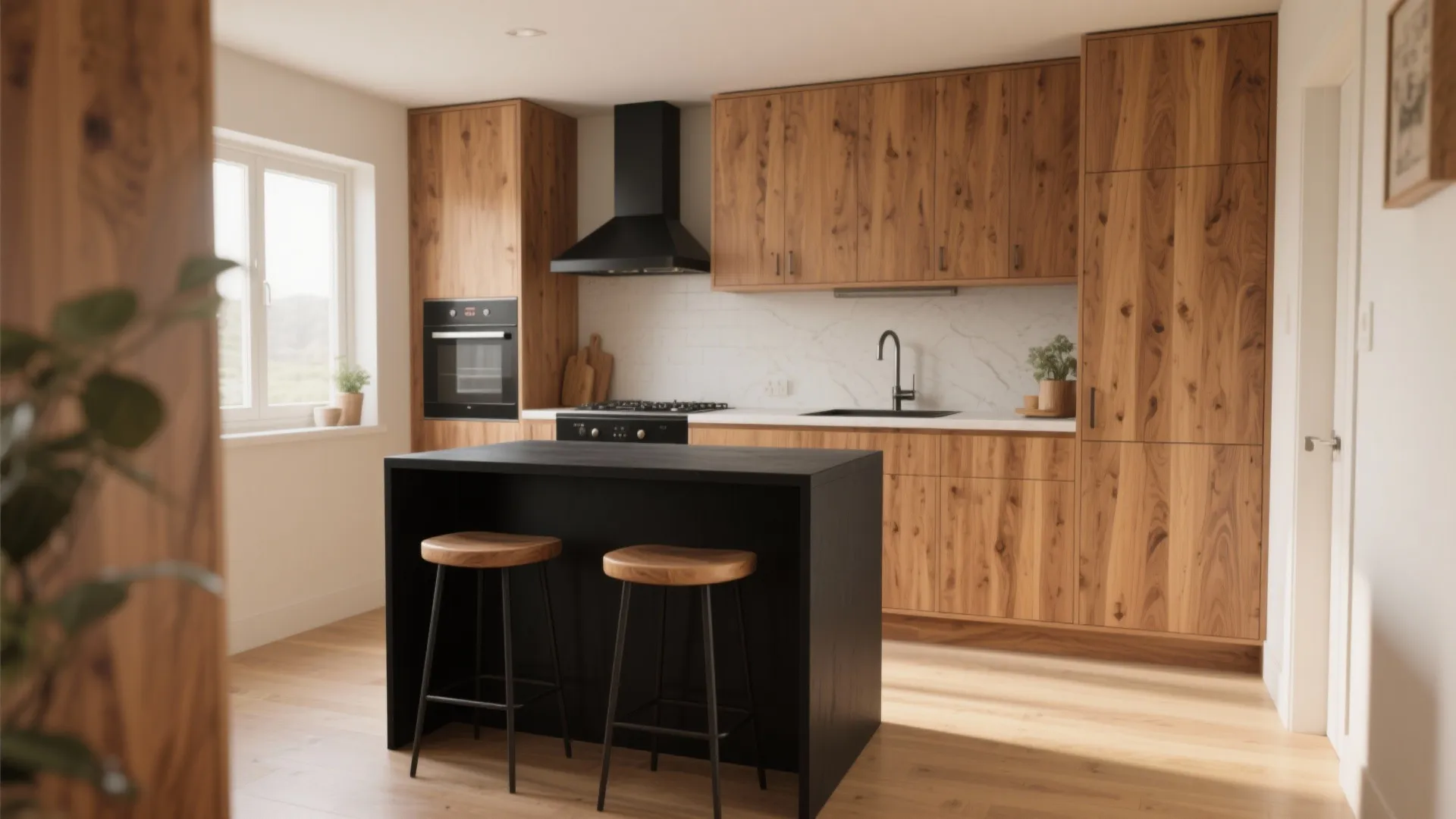 2. Warm Wood Base with Matte Black Islands