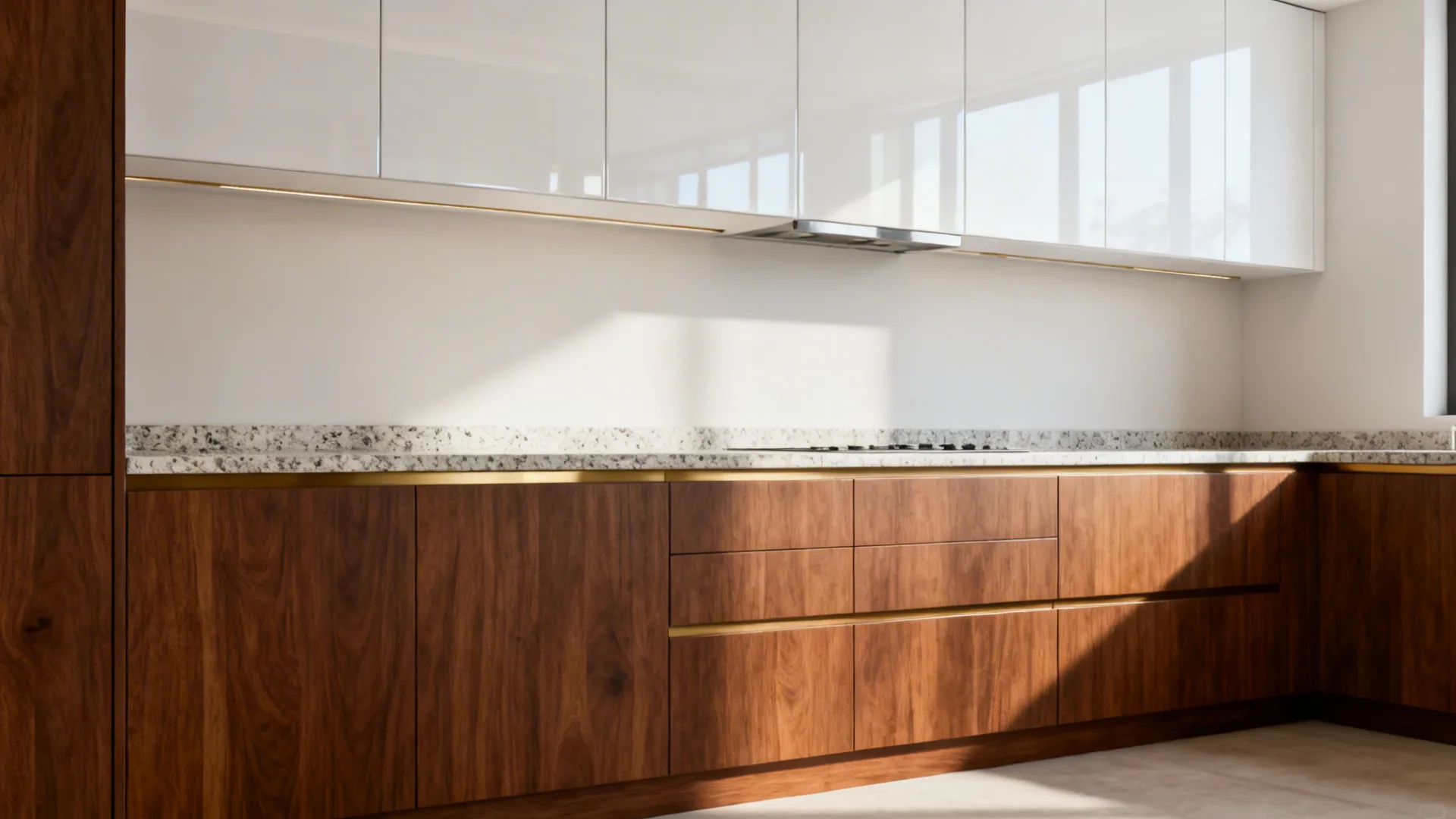 Warm wood-tone base units with glossy upper cabinets