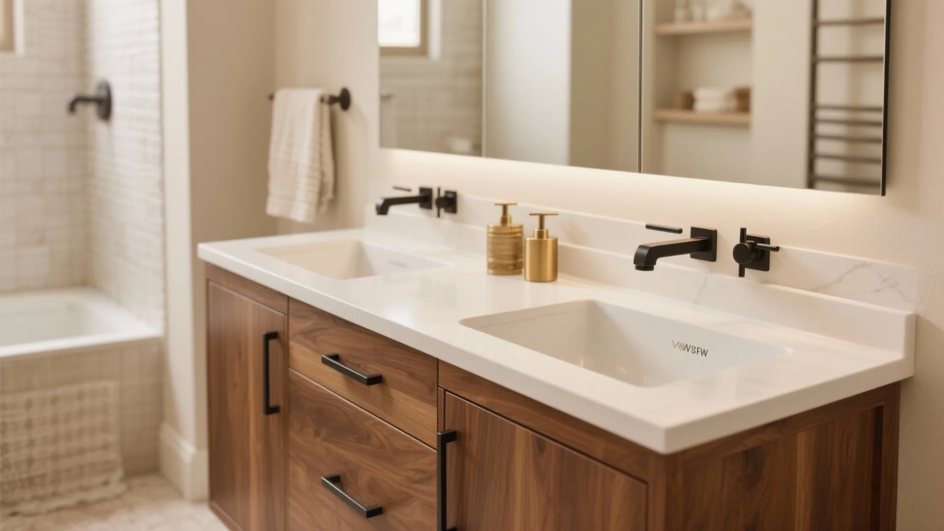 Modern bathroom with double sink white countertop dark wood cabinet black faucets and large mirror