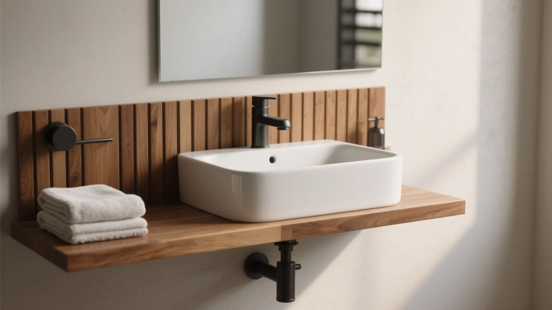Warm wood accents under the wall-hung basin