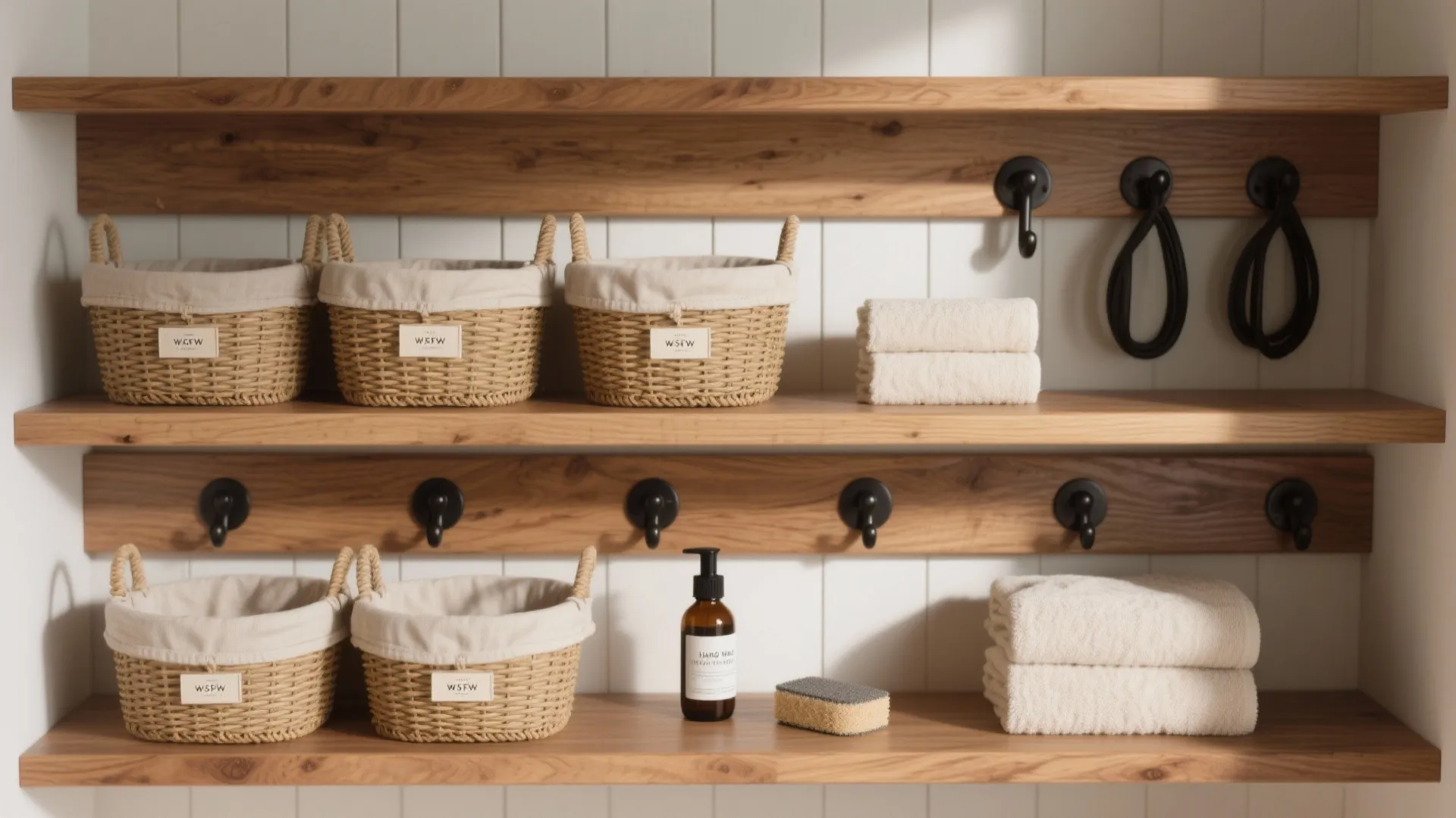 Warm wood accents and moveable baskets