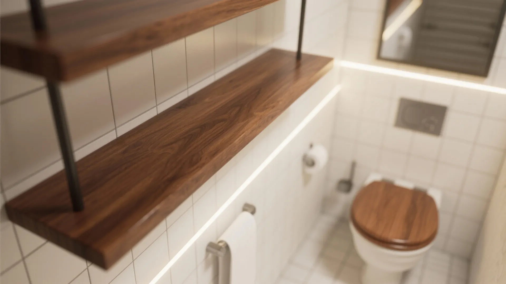 High angle view of wooden wall shelves above white toilet with wood lid and tiles