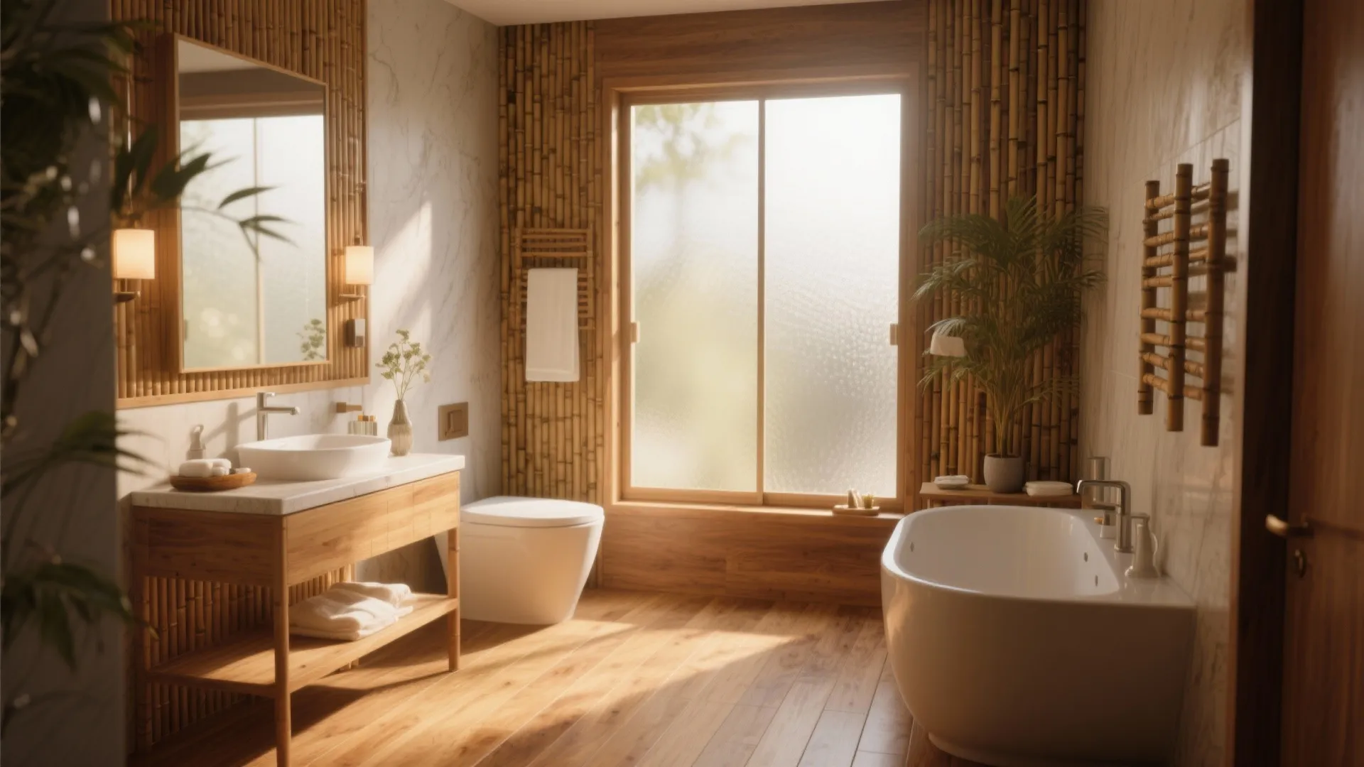 Bright bathroom with bamboo wall panels white bathtub wooden vanity and large window with sunlight