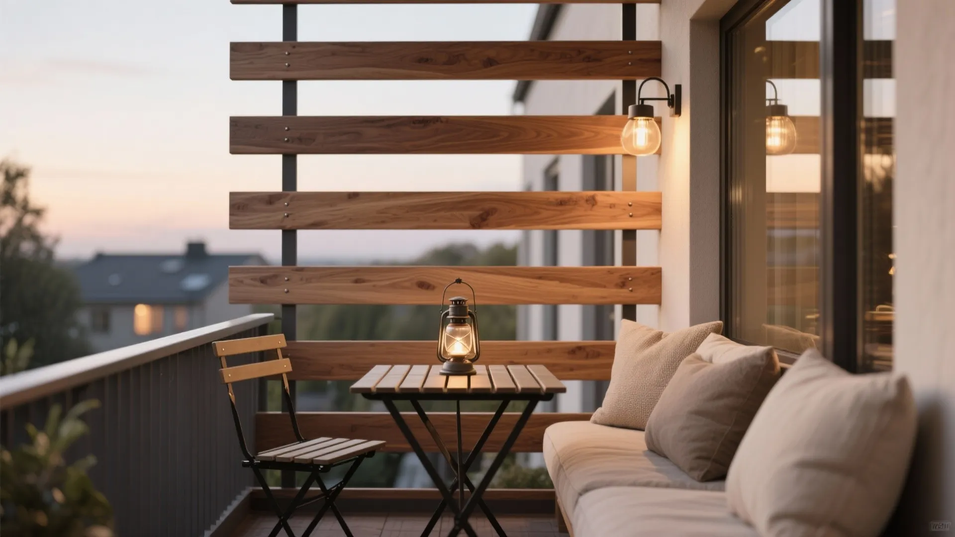 Warm wood batten balcony fence with concealed hardware and a small folding table.