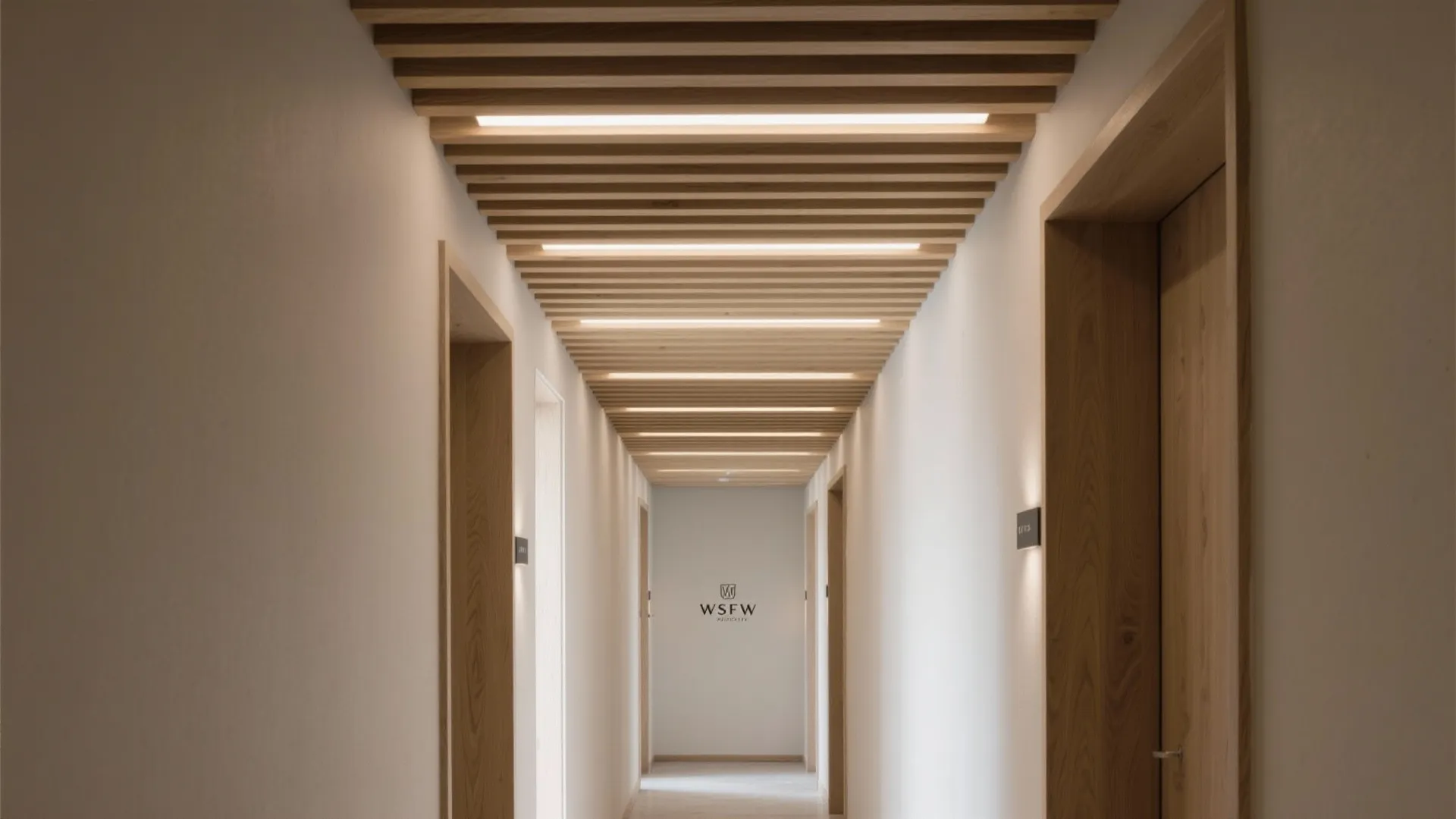 Long hallway featuring wooden ceiling panels with integrated light strips and warm wood door frame designs