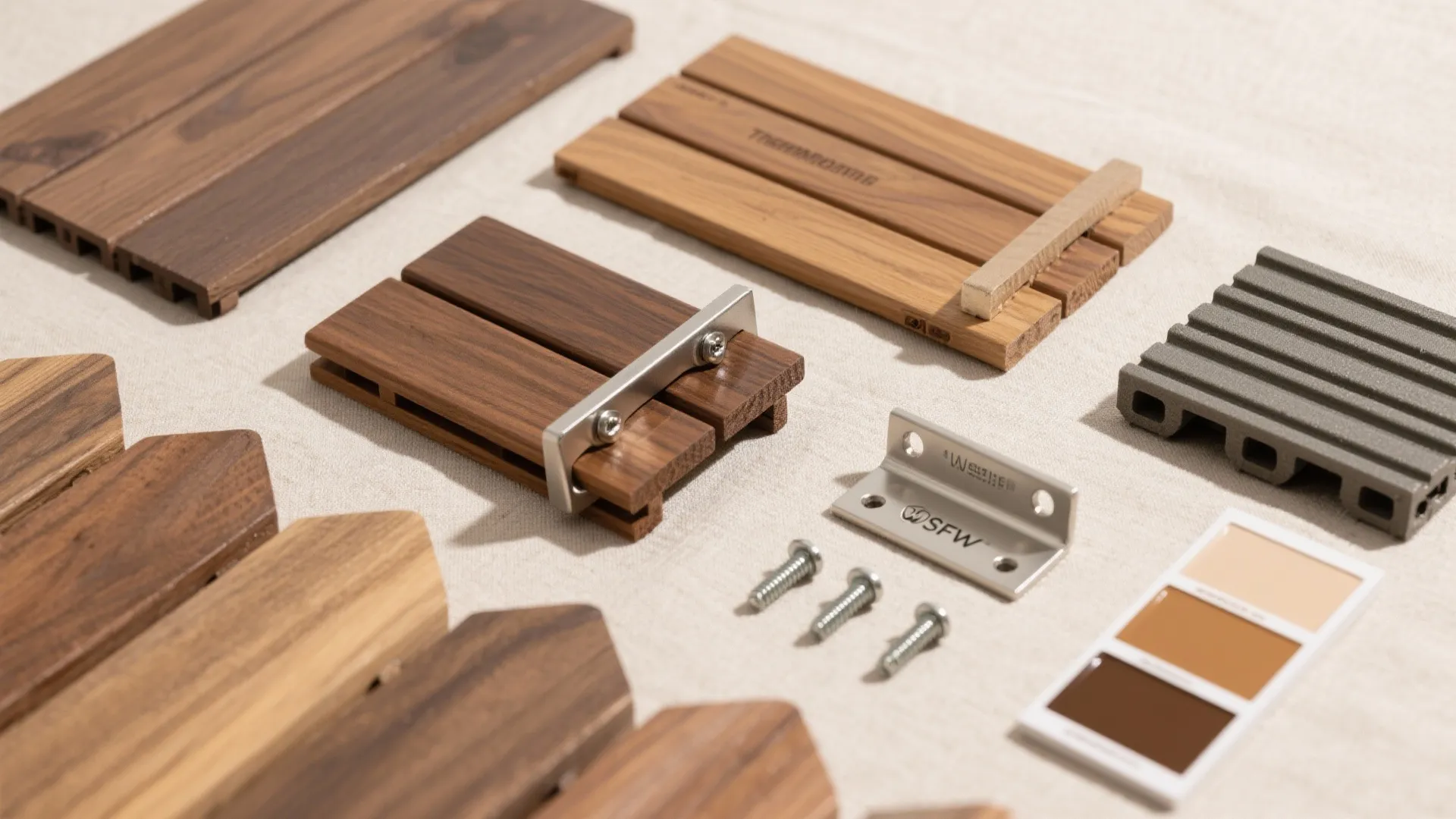 Flat lay of thermally modified ash battens, concealed brackets, fasteners, and finish swatches.