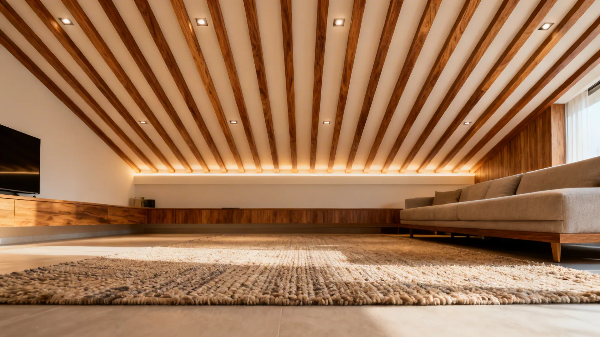 Wooden batten false ceiling with trimless downlights warming a modern Indian living room.