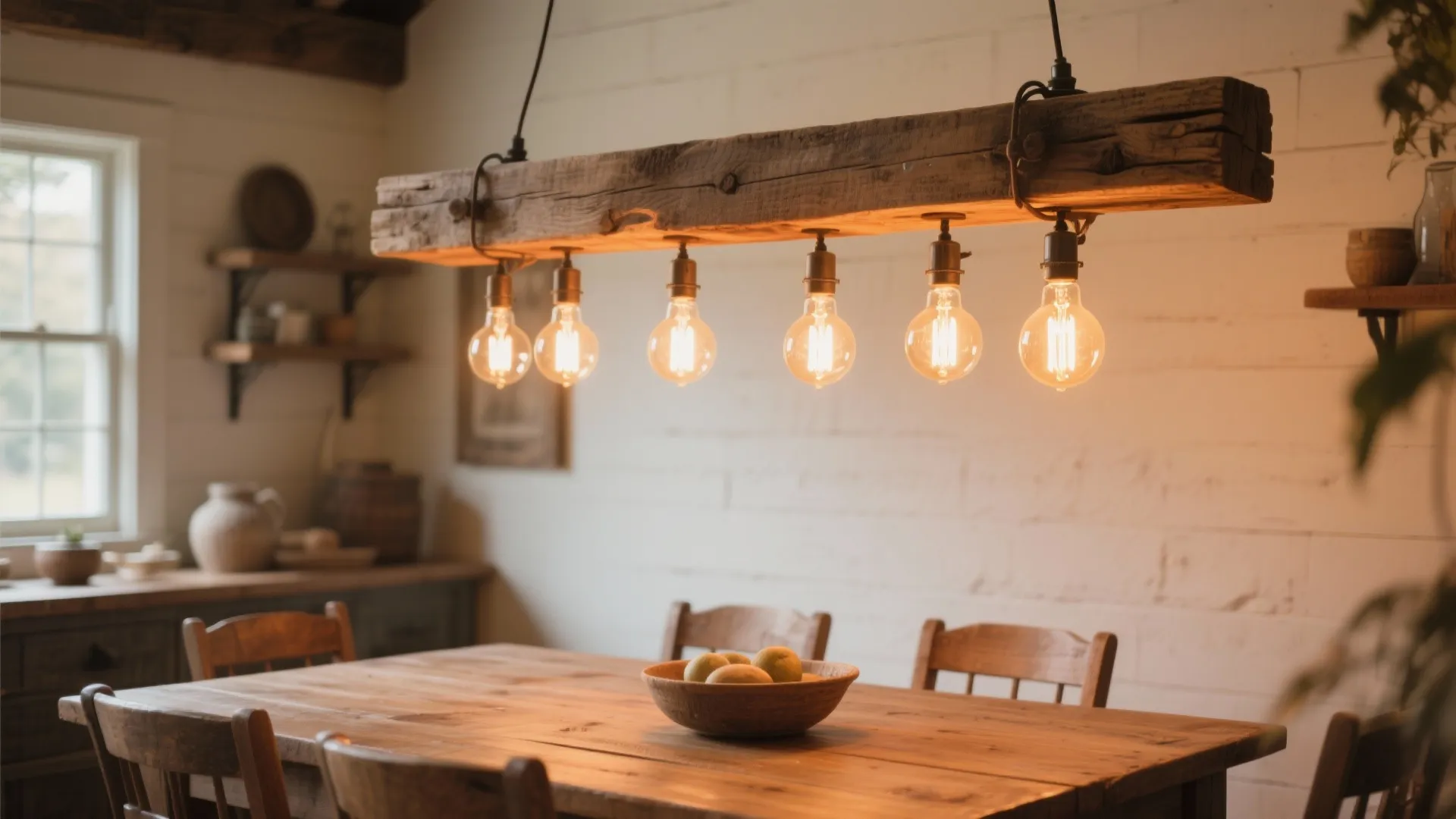 2. Rustic Wooden Beams with Edison Bulbs