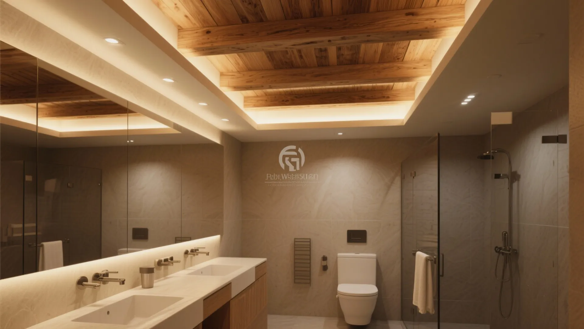 Modern bathroom featuring warm wood ceiling beams double sinks large mirror and glass shower area