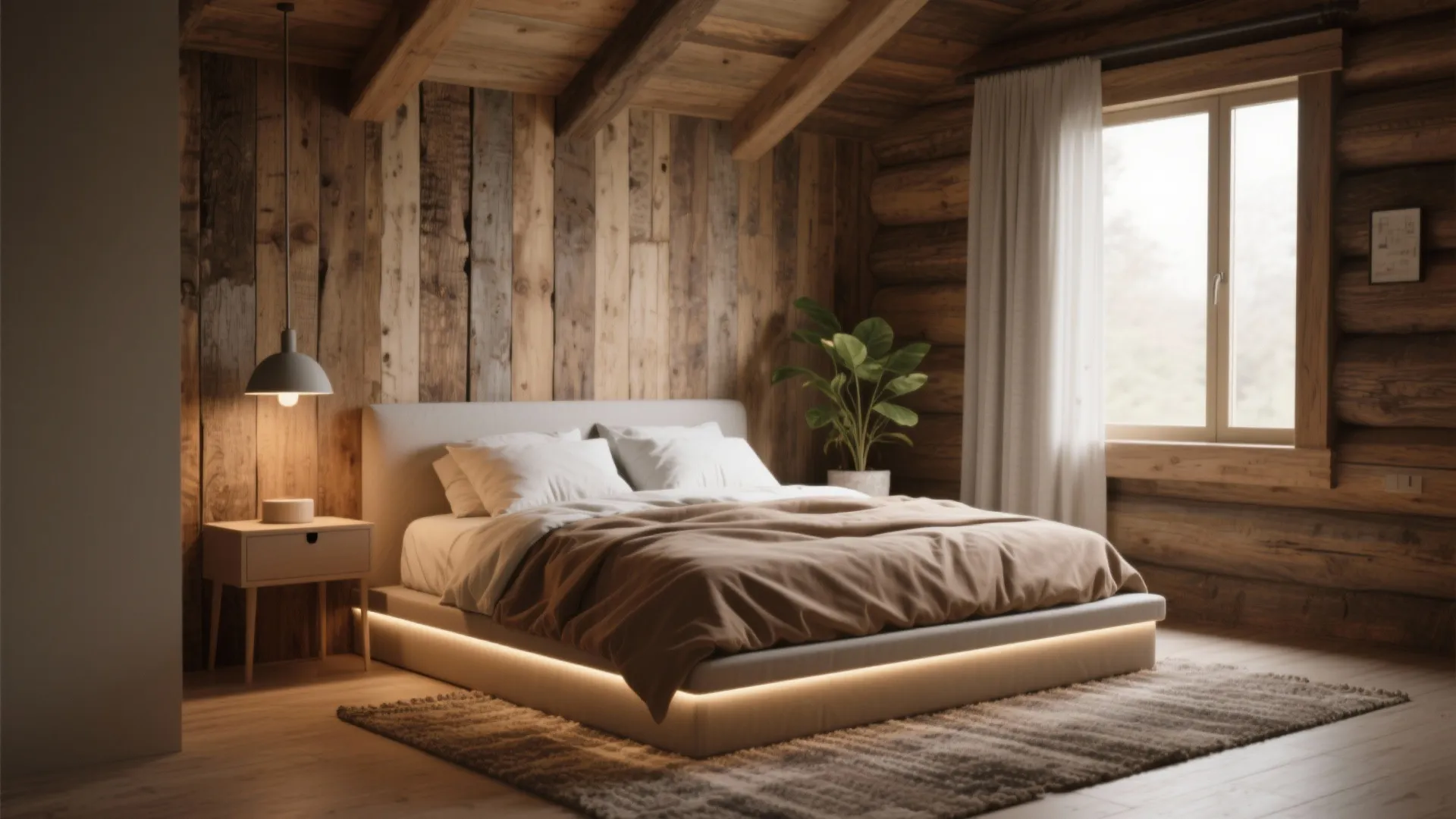 Cozy log cabin bedroom with wooden walls ceiling beams white bed window curtain and ceiling light