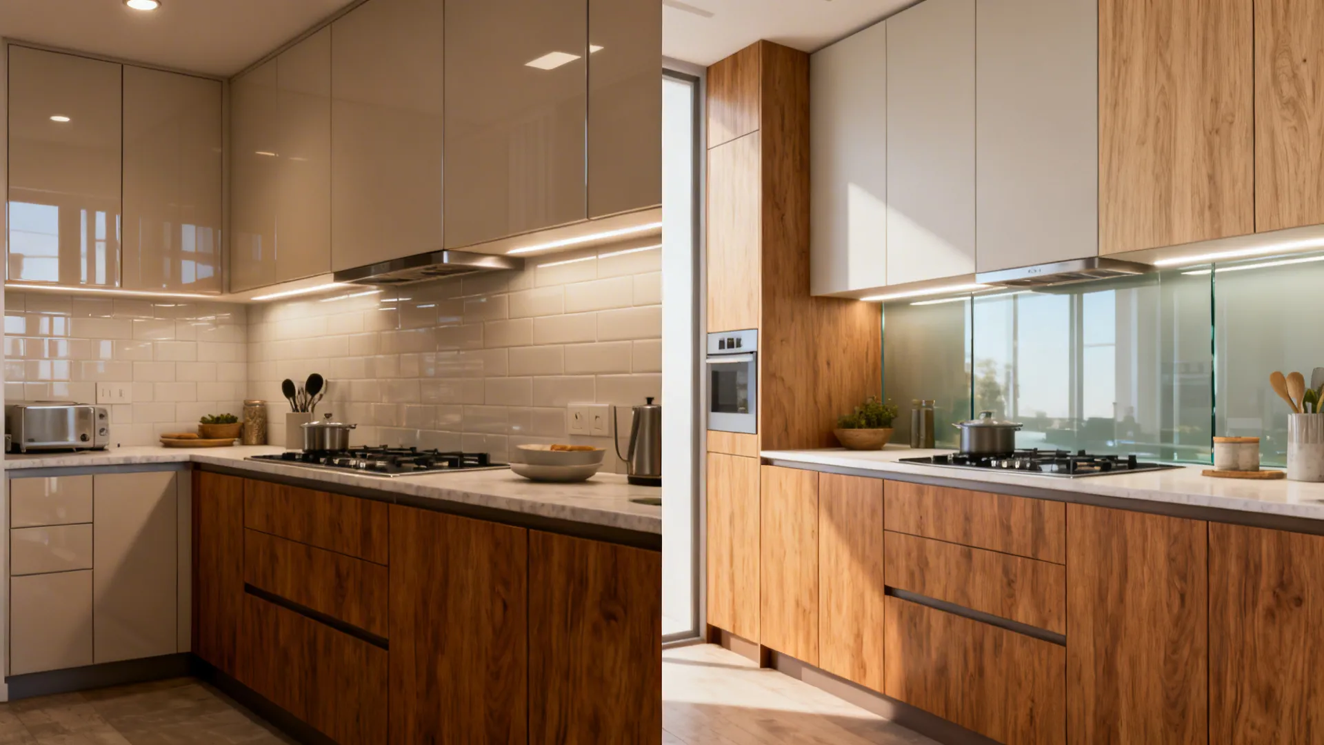 Before-and-after of a small kitchen updated with warm wood lowers, matte uppers, and a glass backsplash.