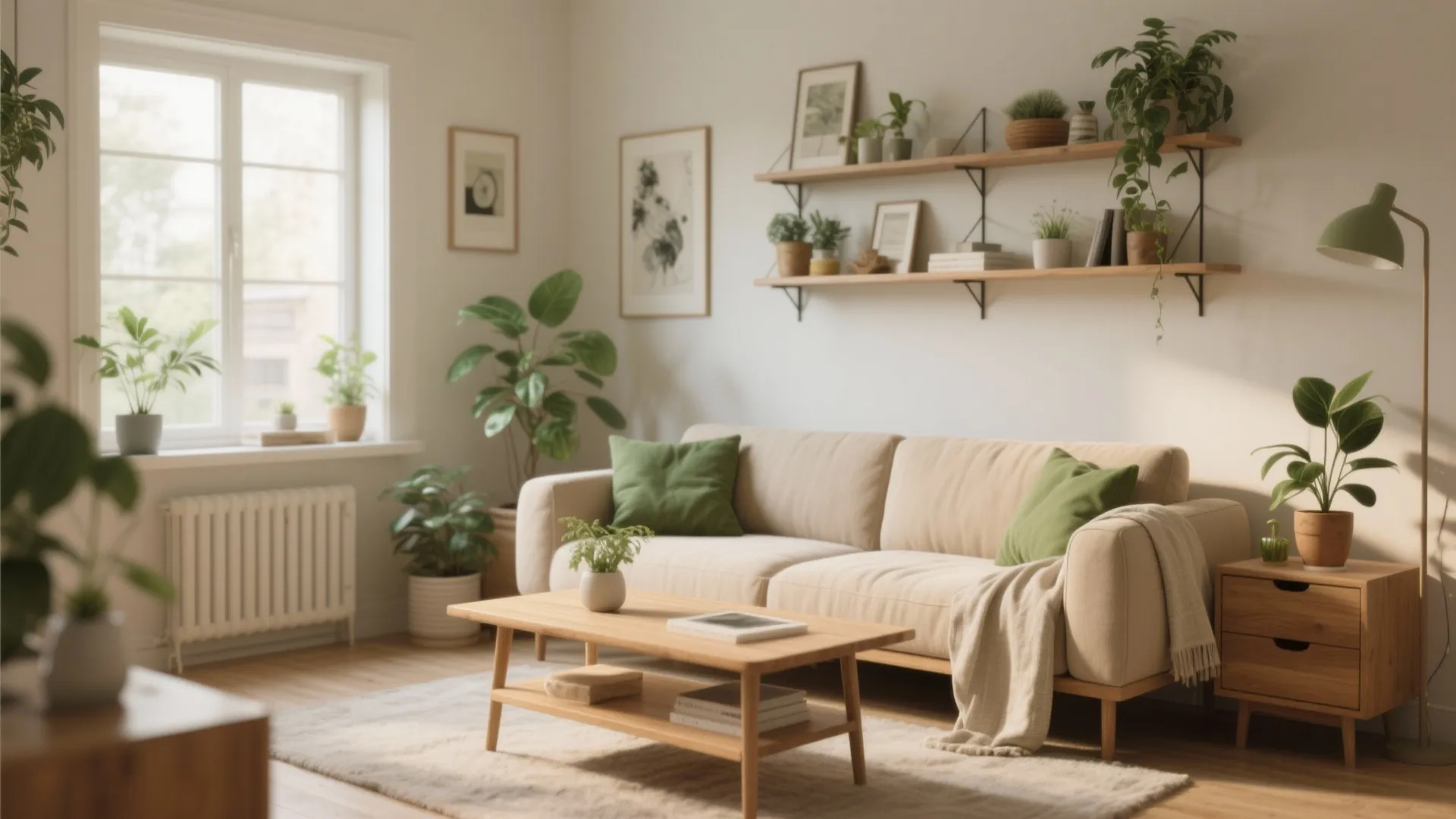 Bright living room with beige sofa, wooden coffee table, wall shelves, green plants, and window