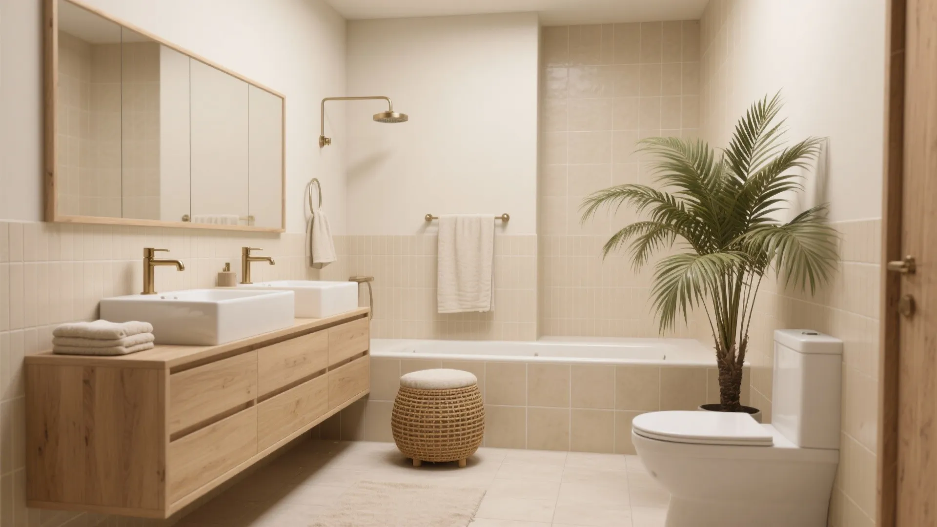 Warm wood + beige tile for spa serenity