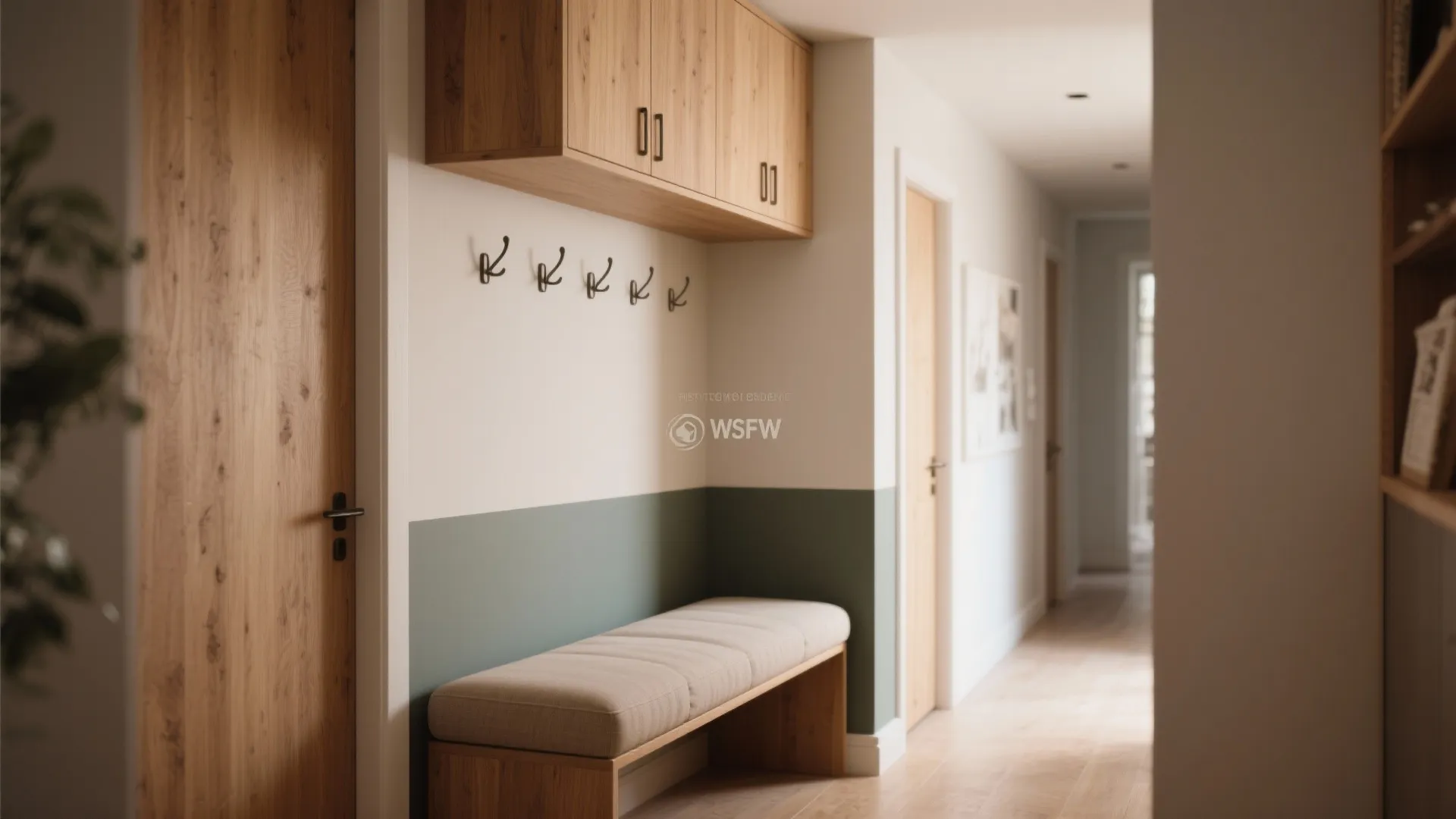 Warm Wood and Color-Blocked Cupboards with Bench Seating