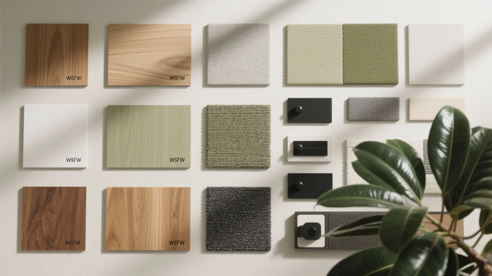 Material mood board with wood samples fabric swatches black handles and green plant for design