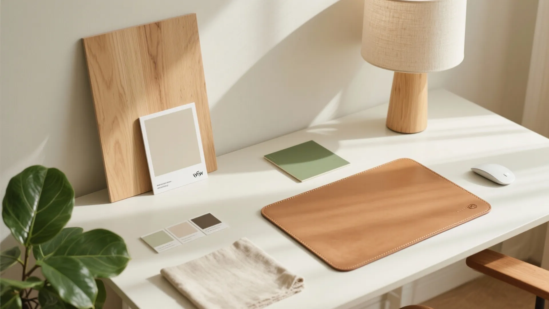 Flat-lay of light oak, linen, matte paint chips, leather desk pad, and green leaves.