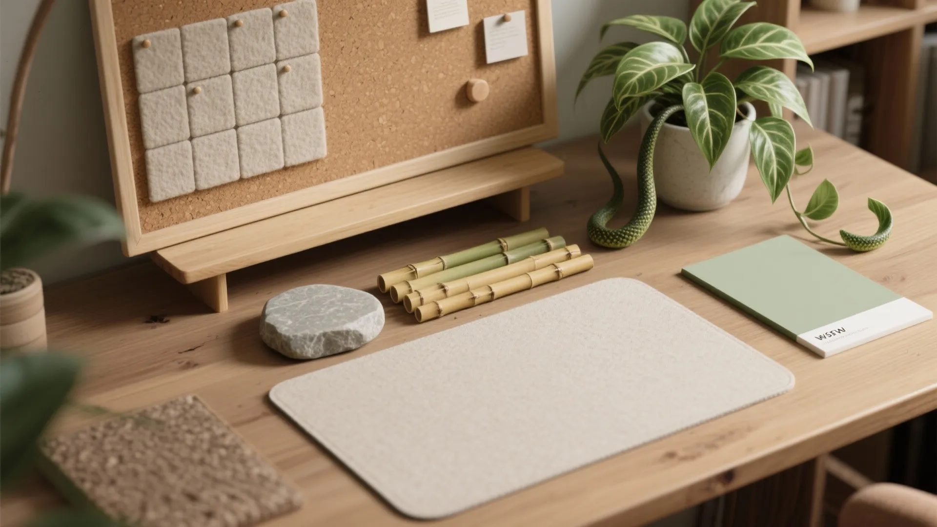 Wooden desk featuring a cork board, green plant, smooth stone, bamboo sticks, and green notebook