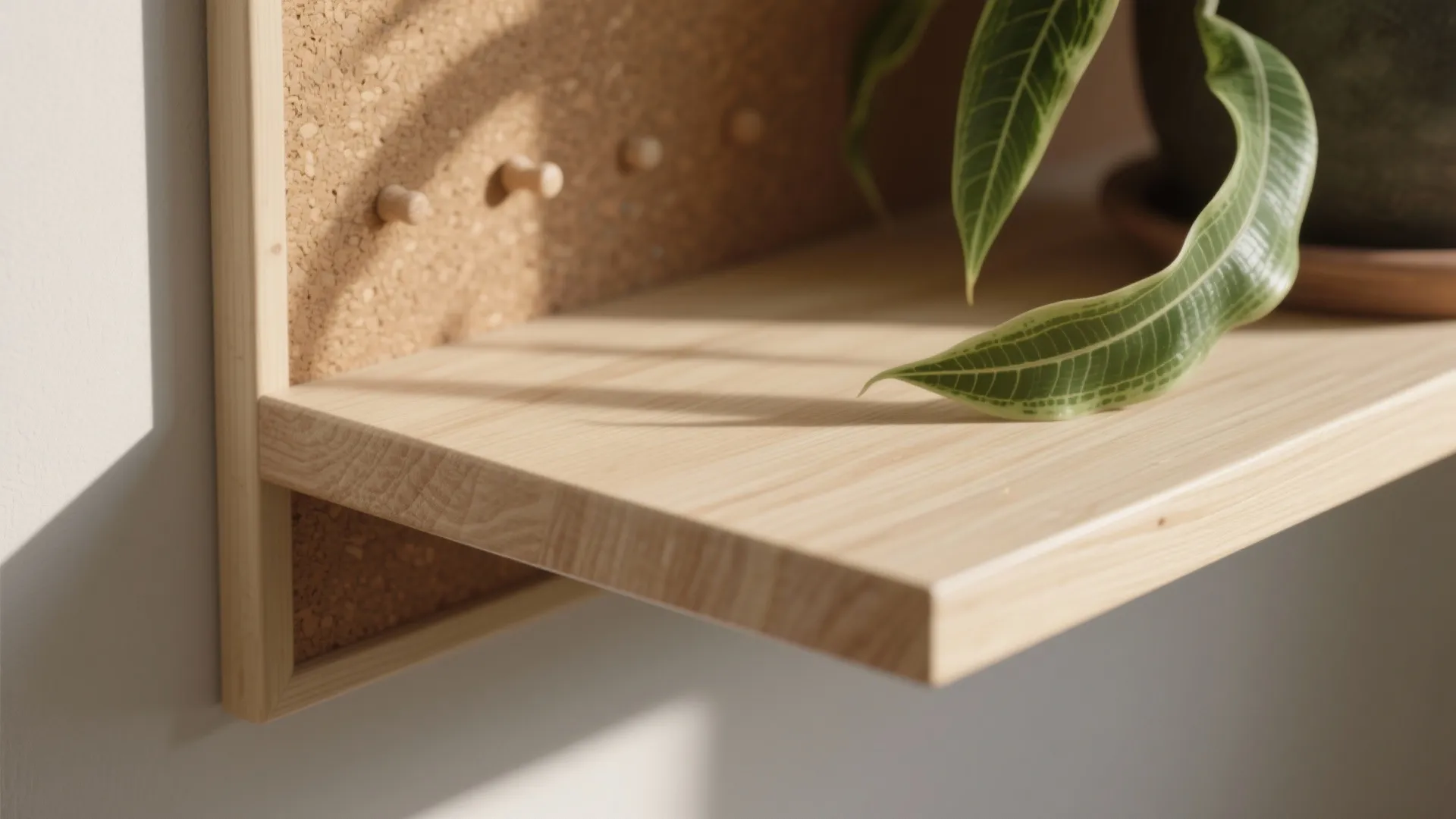 Light wood shelf with green plant leaves mounted on a cork wall with small pegs
