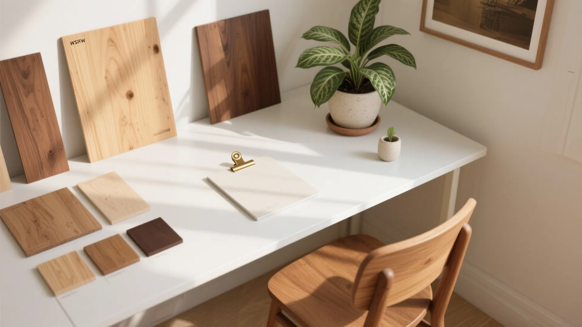 White workspace with wood flooring samples a green plant and a wooden chair under sunlight