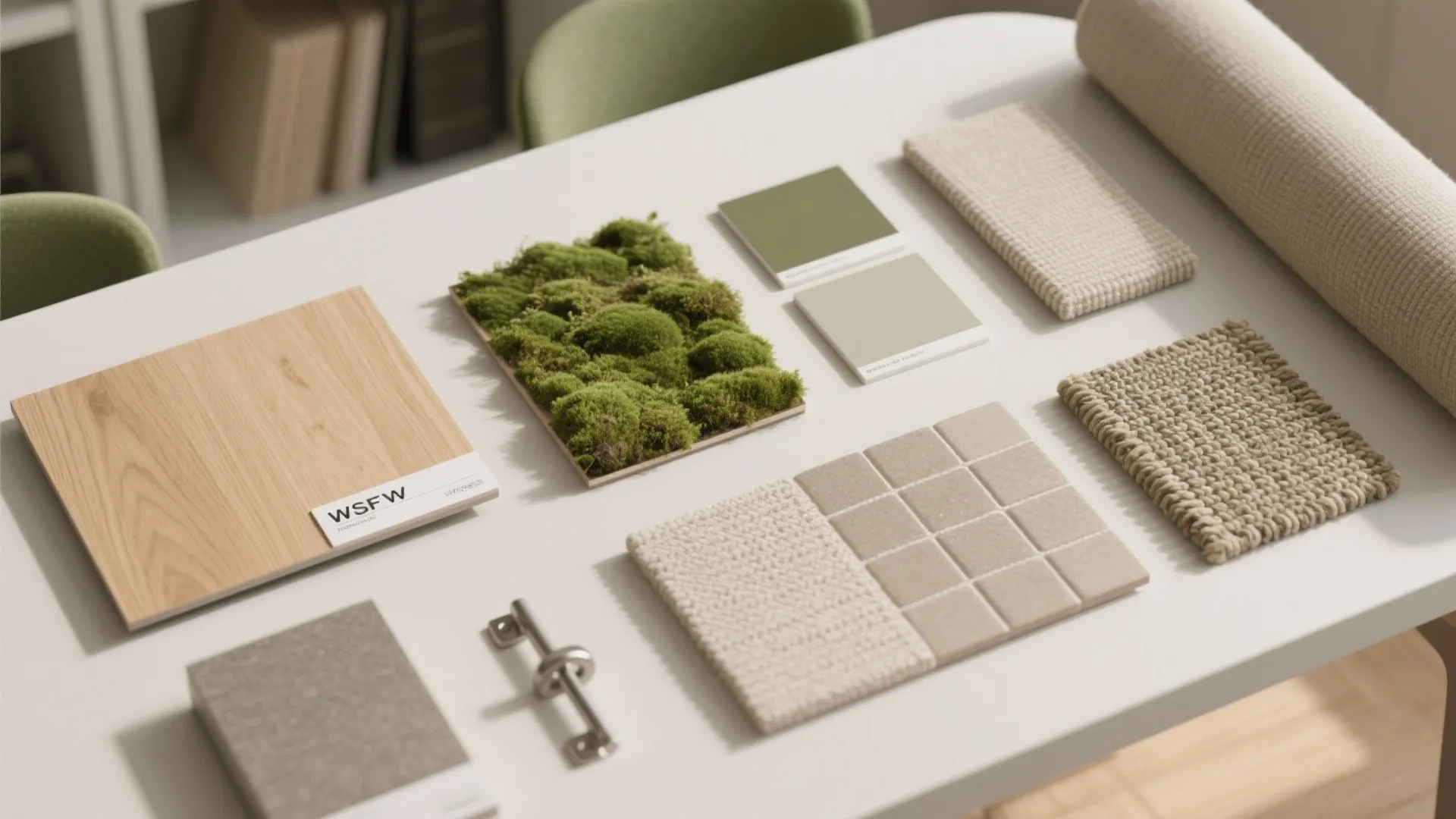 Interior design material board with wood samples green moss fabric swatches and neutral color tiles