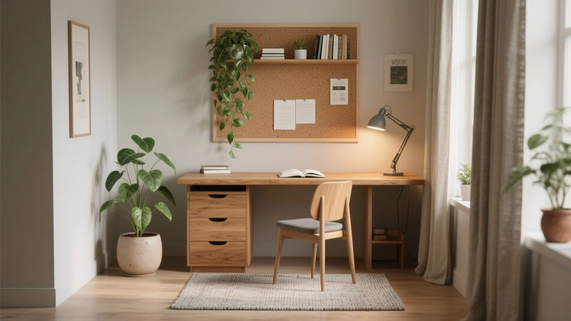 Warm wood and biophilic accents for calm focus