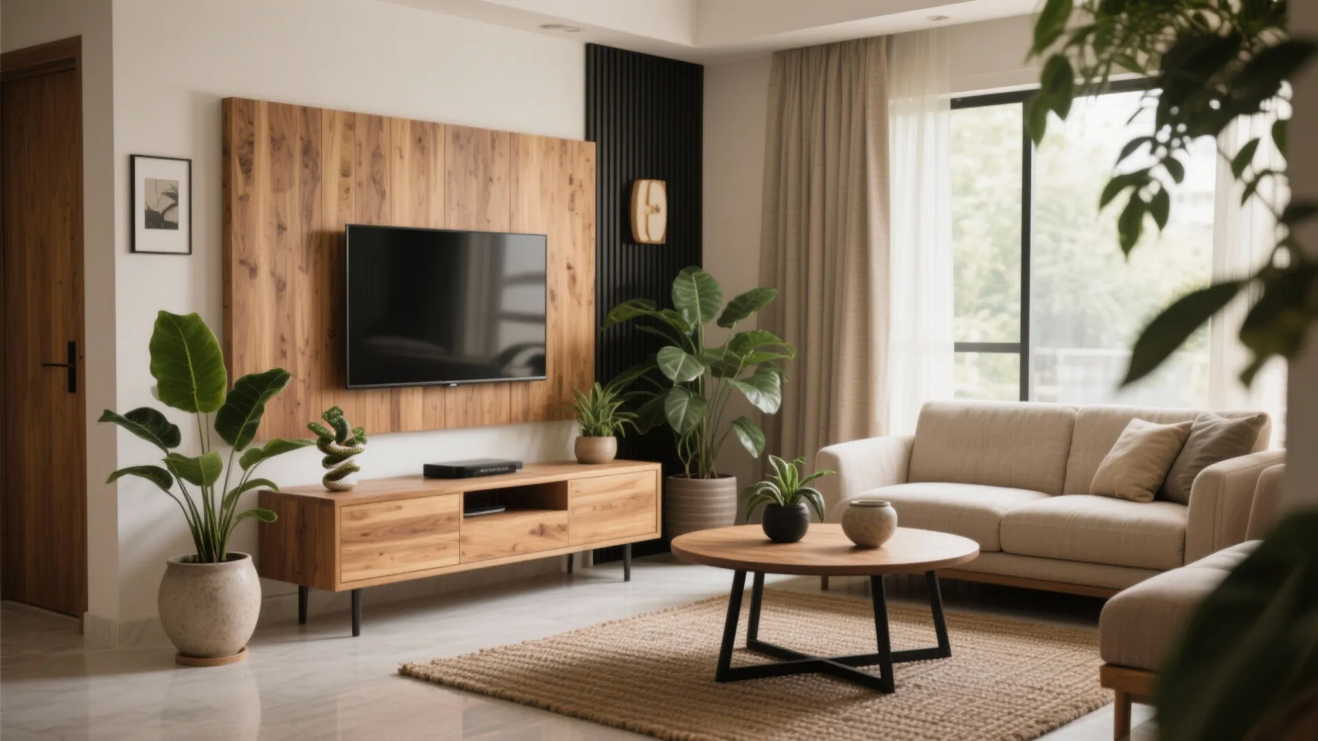 Warm wood accents and biophilic touches for instant calm