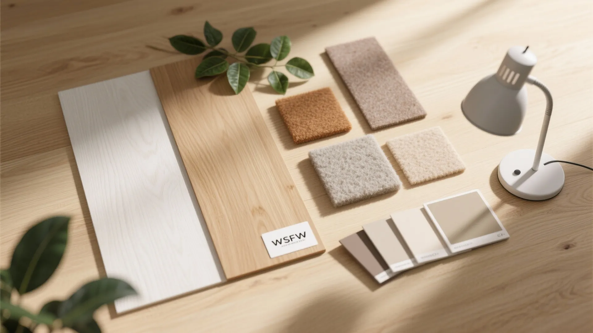 Material board with wood planks, fabric samples, paint swatches, desk lamp, and green plant leaves
