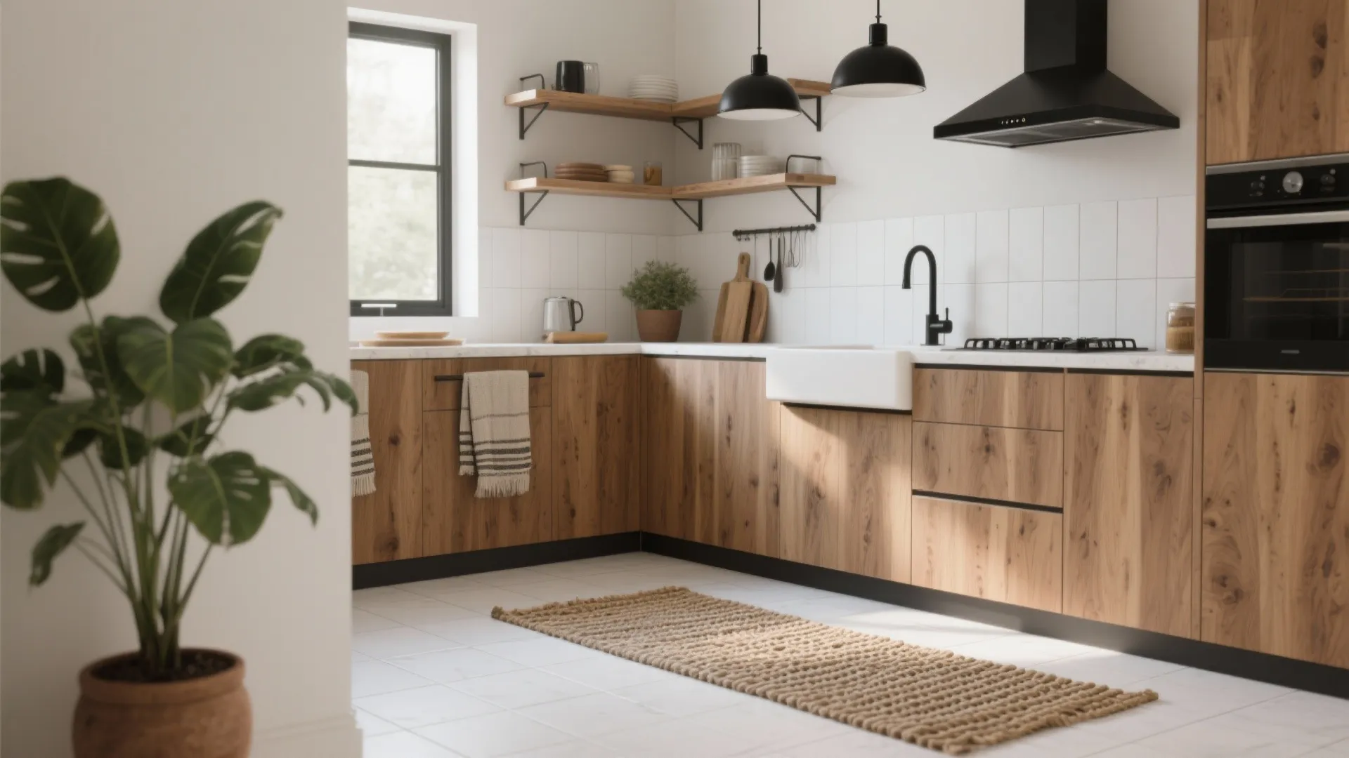 4. Pair white floors with warm wood or matte black accents