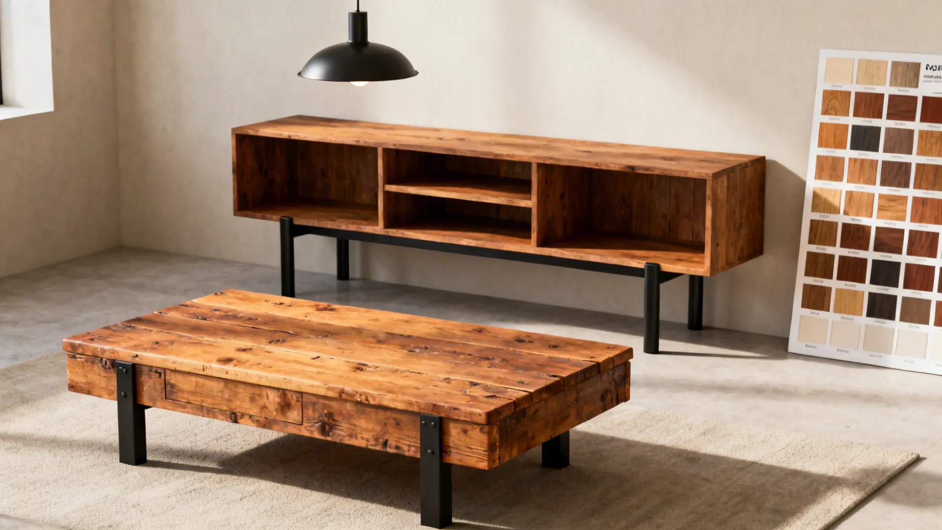 Reclaimed wood coffee table and shelving with matte black metal accents and wood swatches