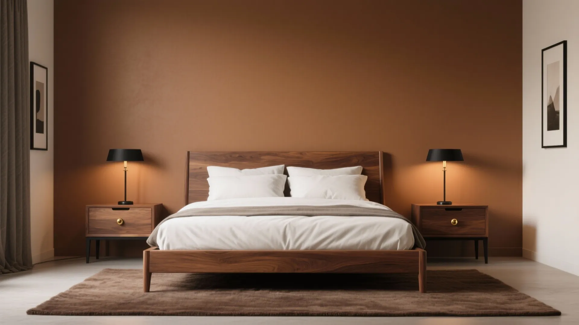 Dark wood bed frame with white pillows on brown wall background and two black lamps
