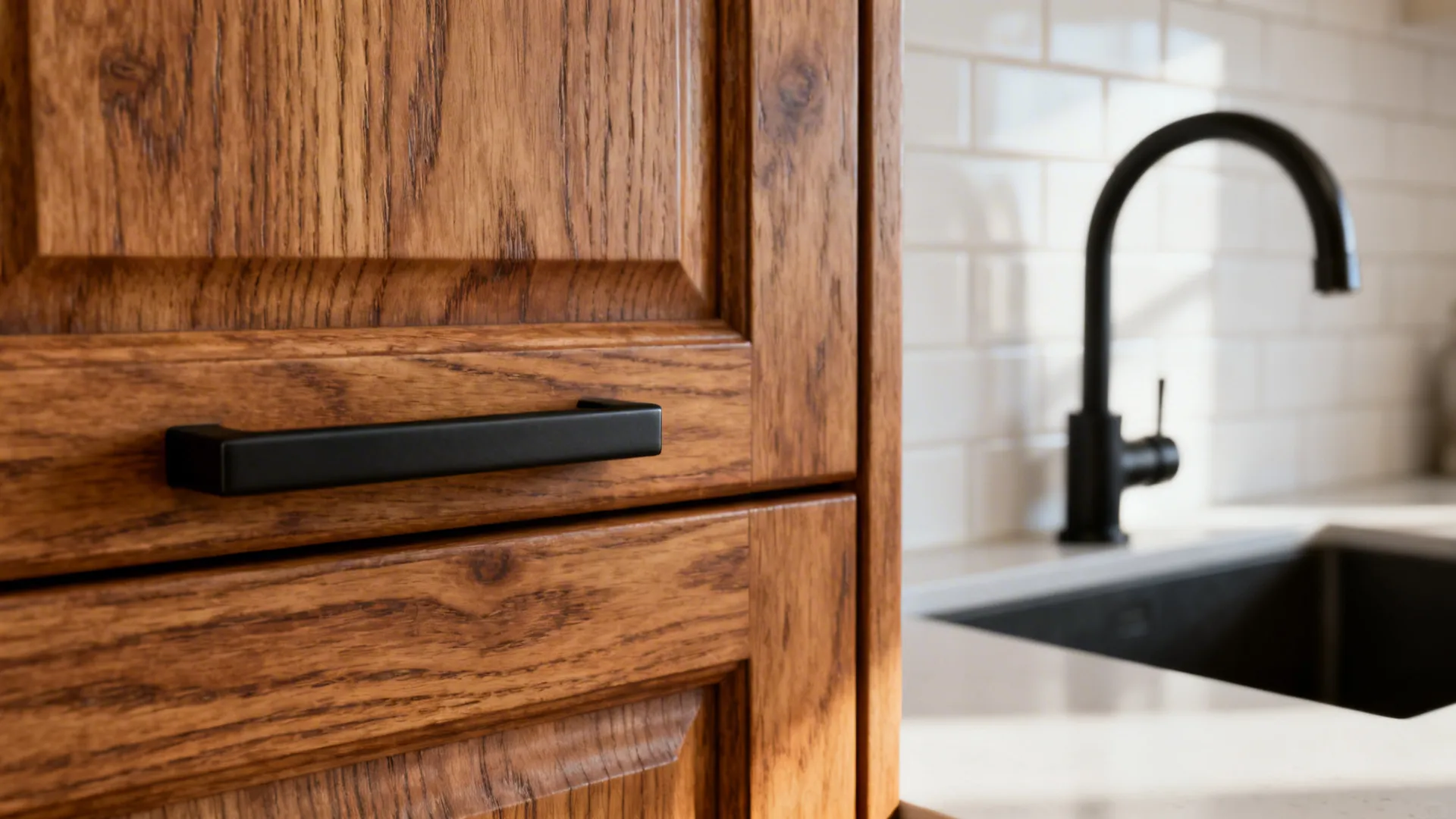 Macro detail of warm oak cabinetry with matte black hardware and soft-white backsplash.