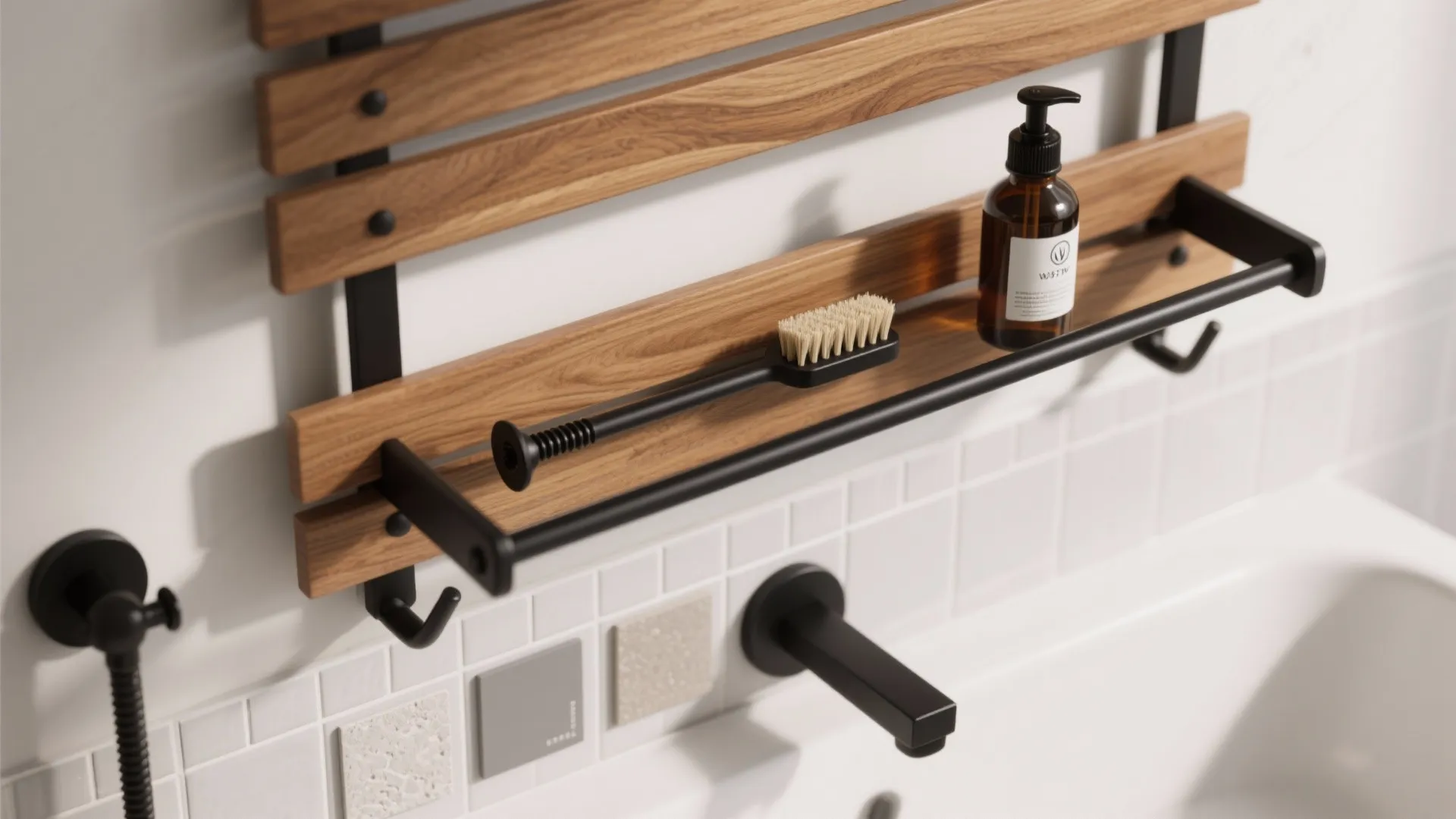 Mixed Materials: Warm Wood + Matte Black Metal Racks