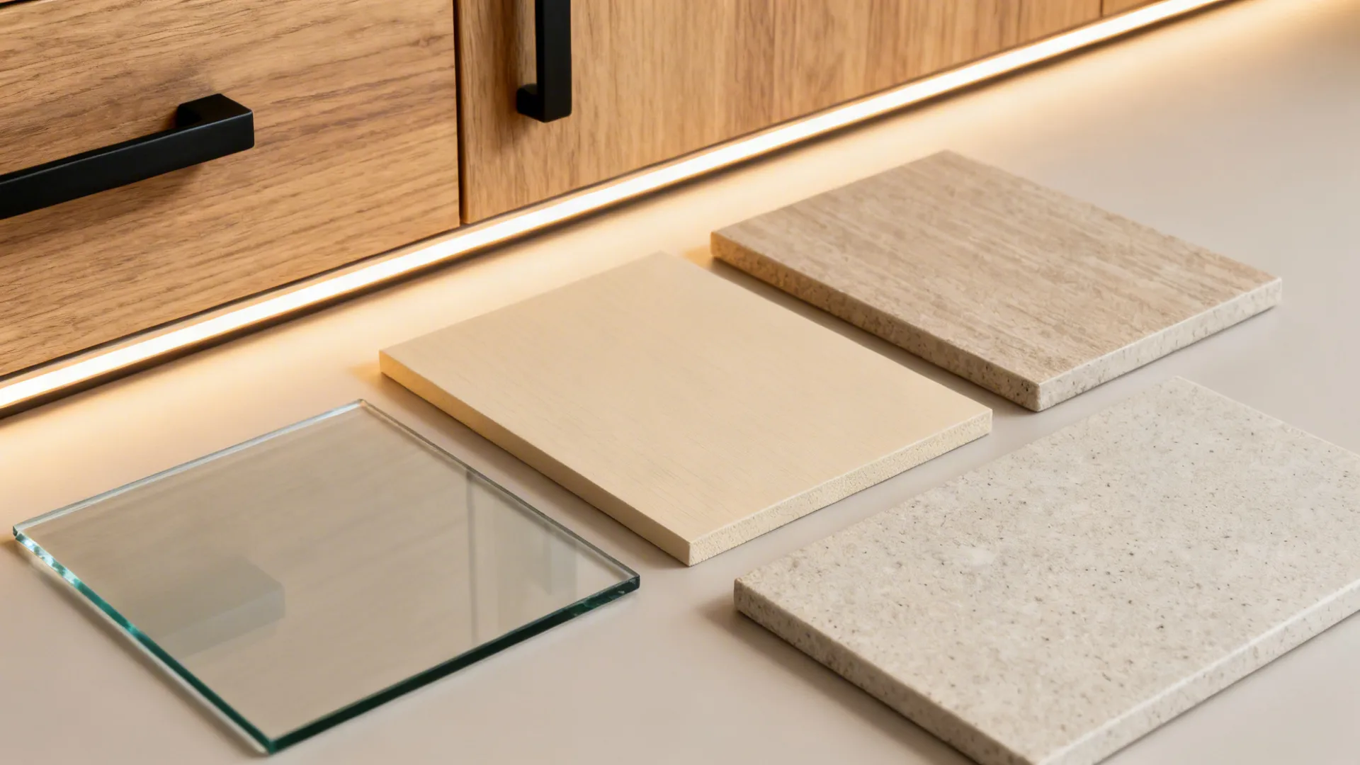 Four different material samples including wood glass and stone placed on a surface under light