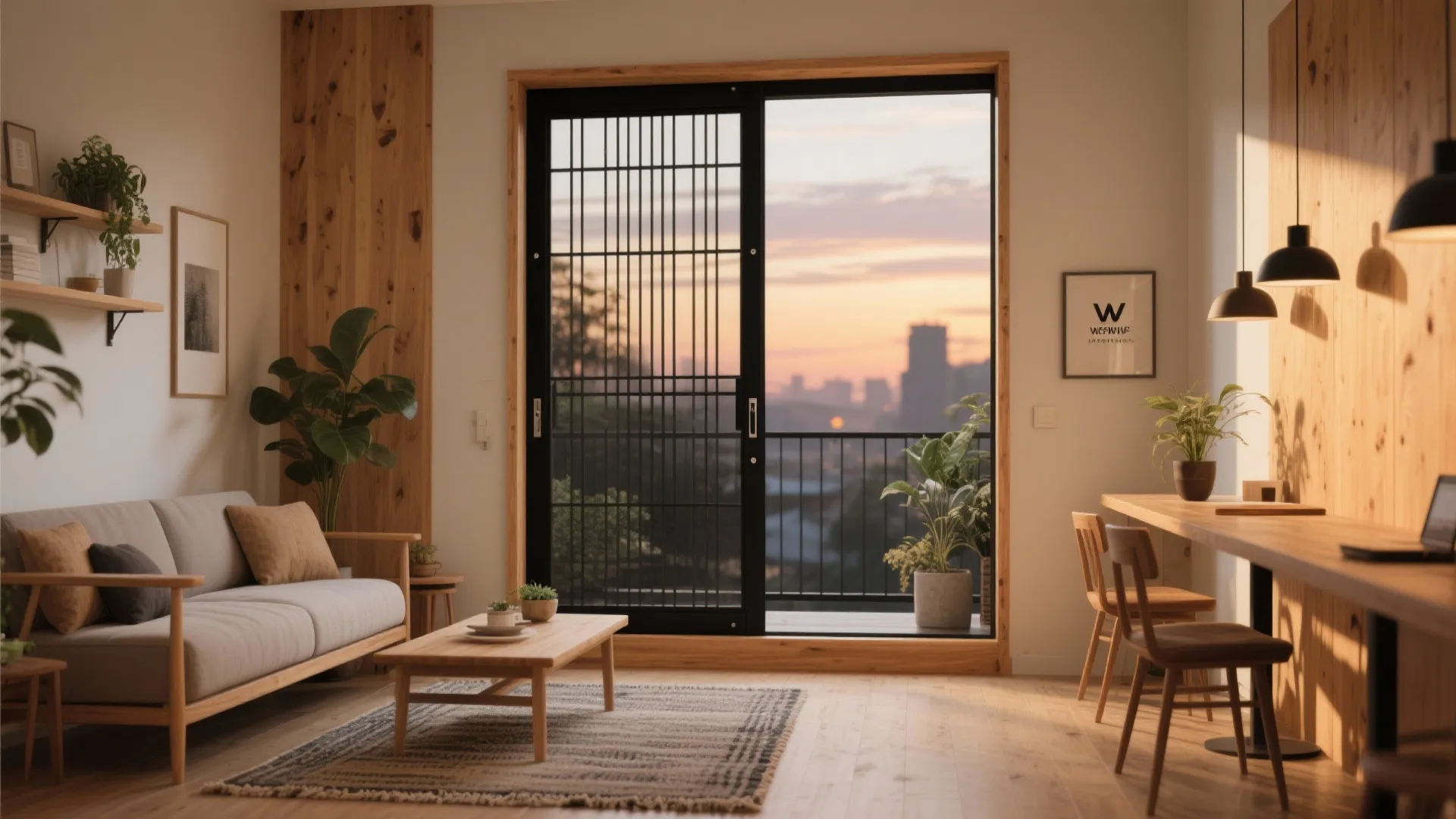 Warm wood frame with matte black grill