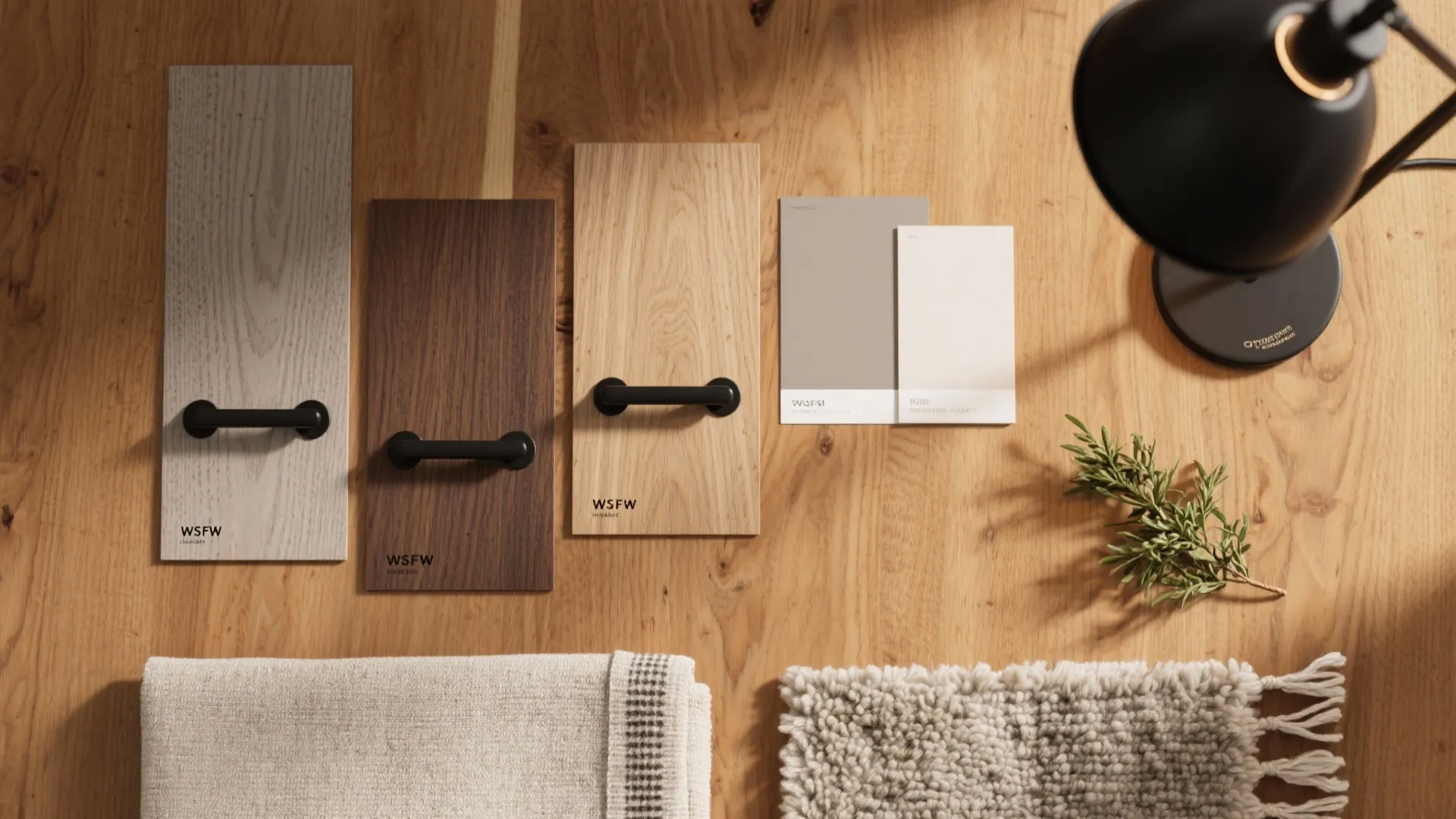 Warm wood + matte black palette