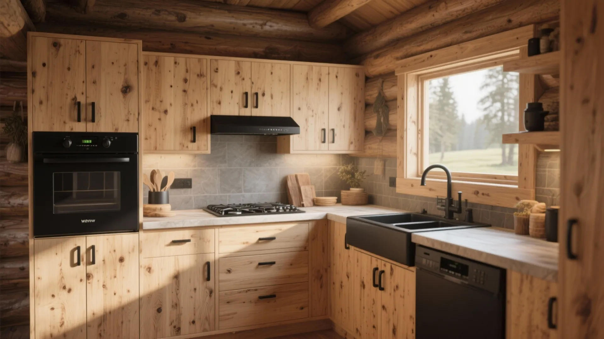 Rustic log cabin kitchen with light wood cabinets, black oven, black sink, and white marble