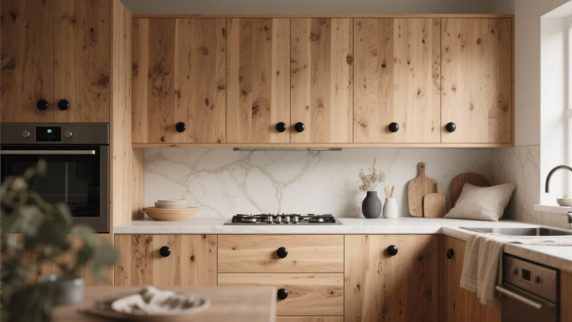 3. Black knobs on wood: warm and modern