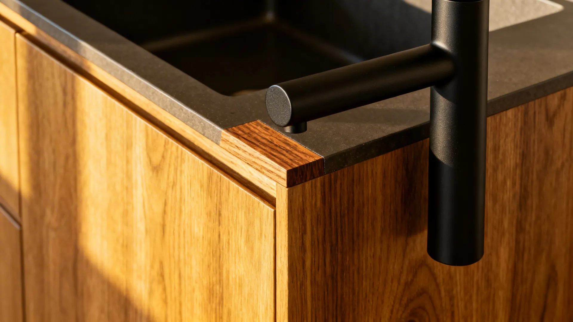 Macro of wood veneer cabinet edge meeting a matte black tap and pendant finish.