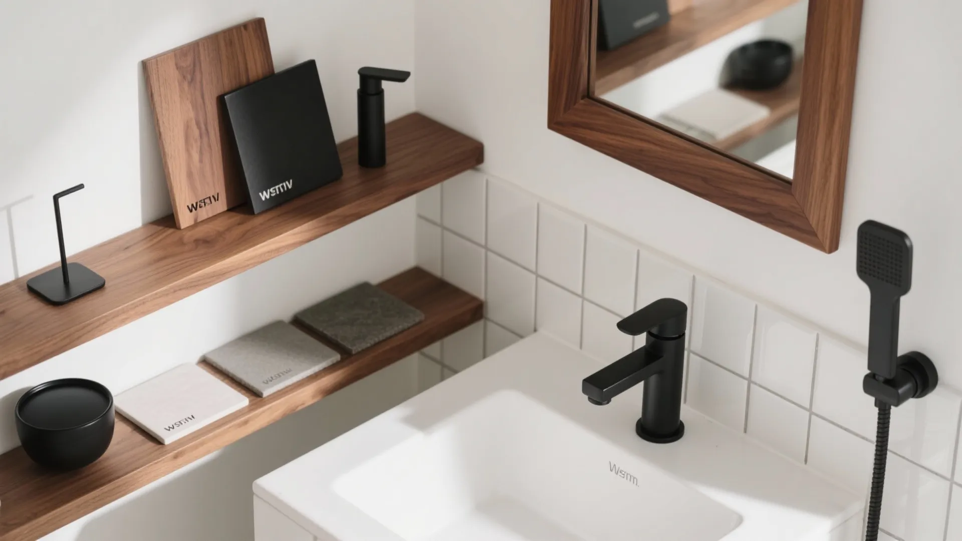 Warm Wood Accents with Matte Black Fixtures