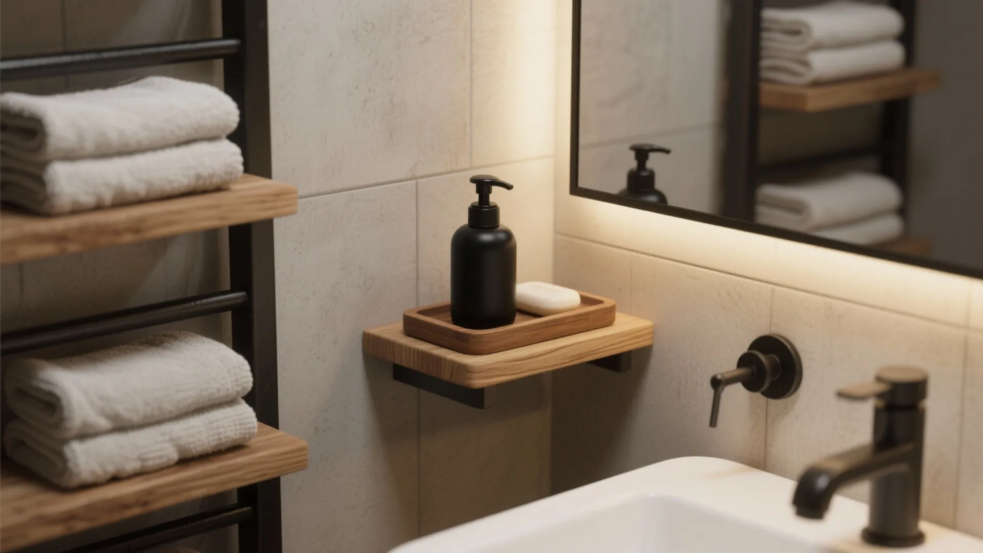 2. Mix textures: black metal + natural wood