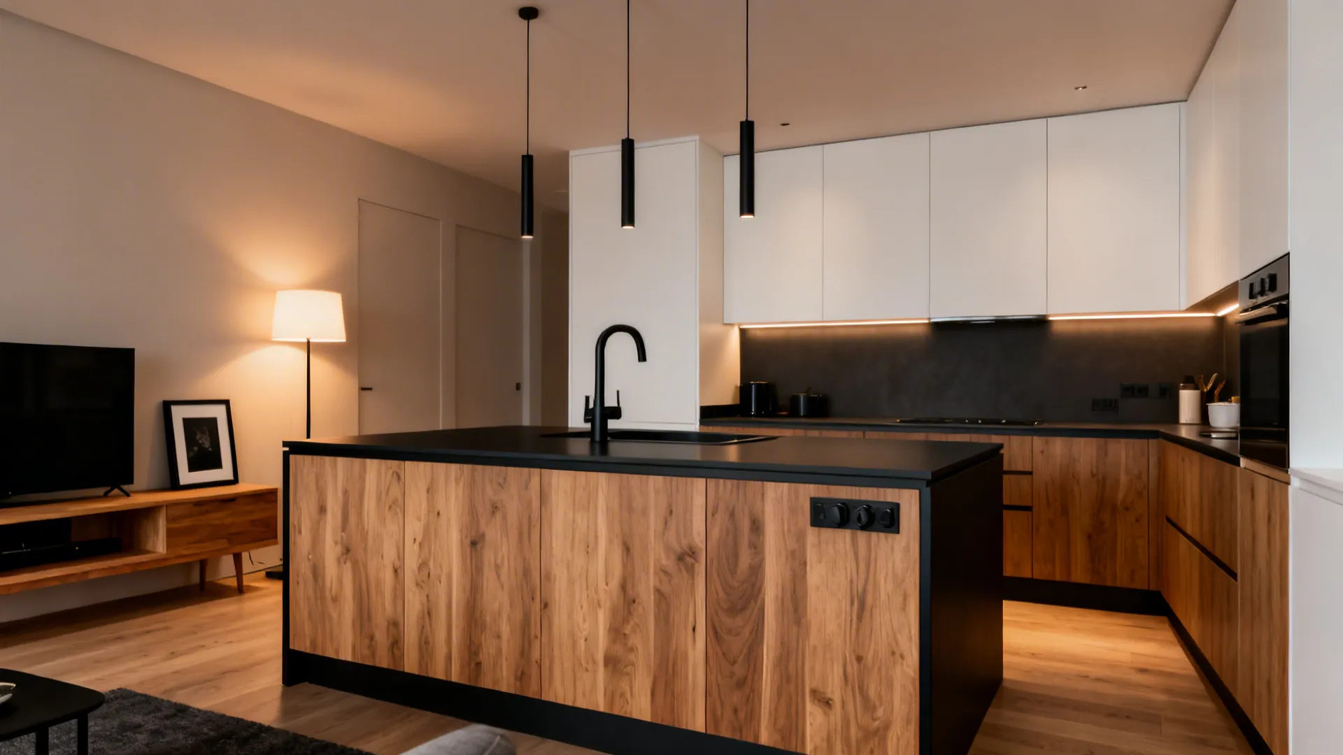 L-shaped kitchen with wood base units and matte black fixtures tying into the living room decor.