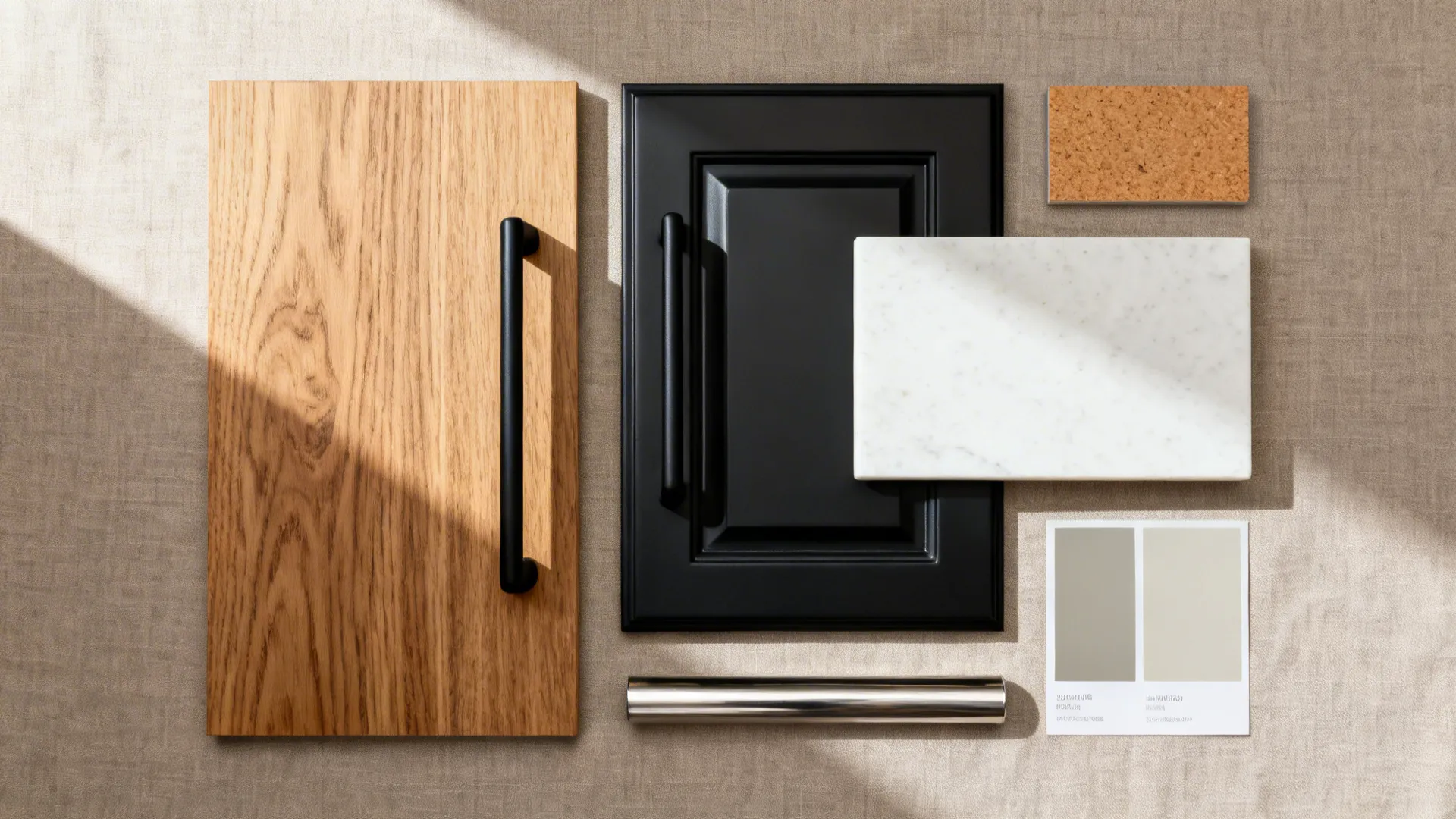 Flat lay of rift-cut oak, matte black hardware, quartz, and greige paint chips for a modern kitchen.