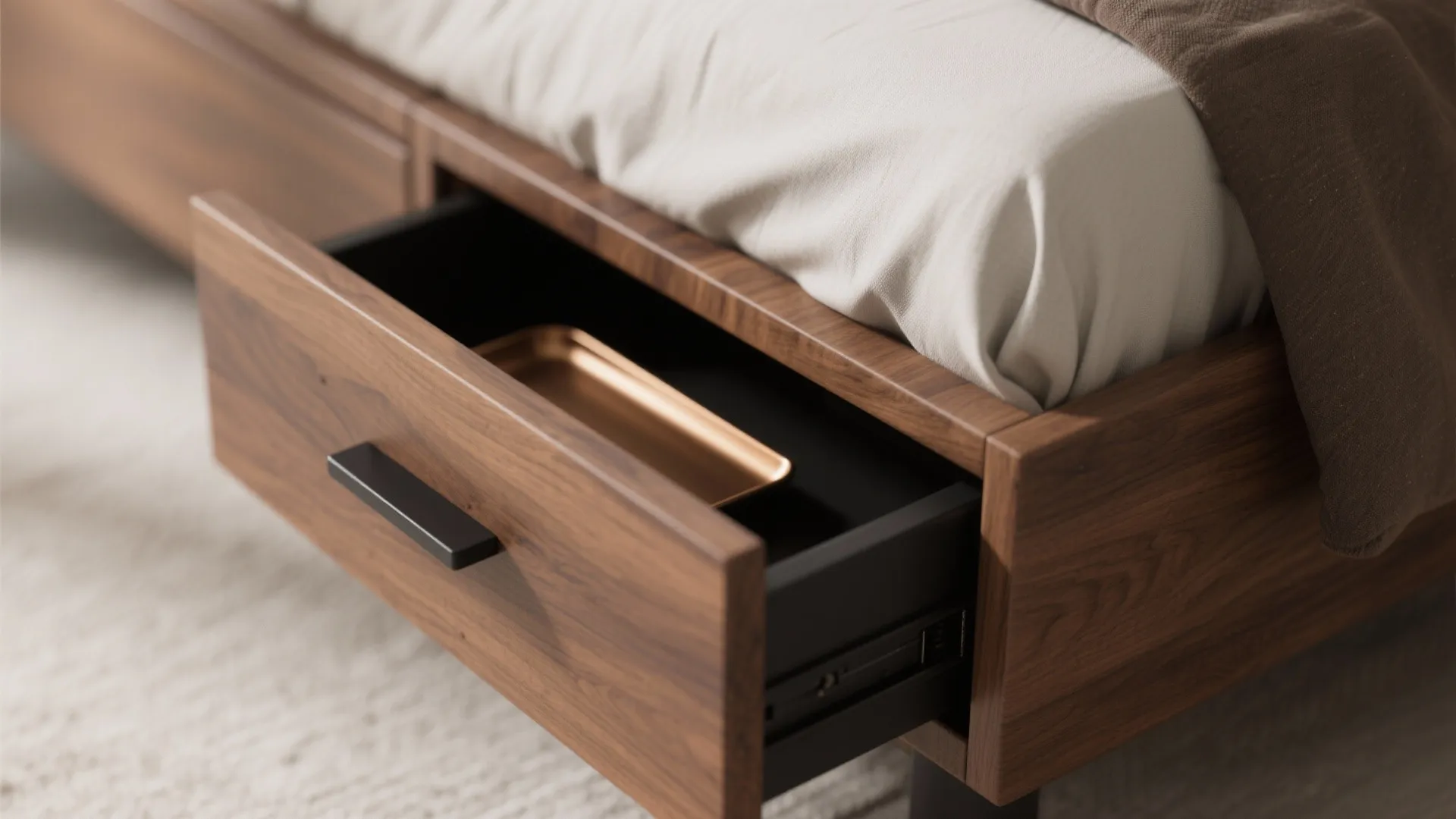 Close up of wooden bed frame featuring an open storage drawer with a black handle