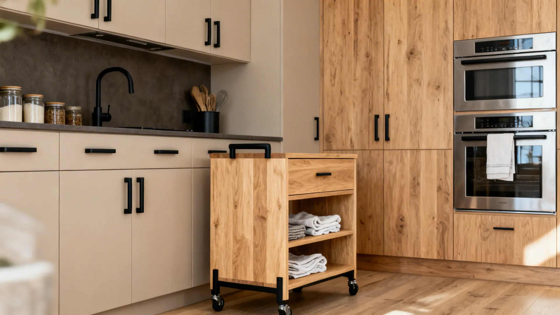 Light oak kitchen trolley with matte black handles warming a modern kitchen under soft daylight.