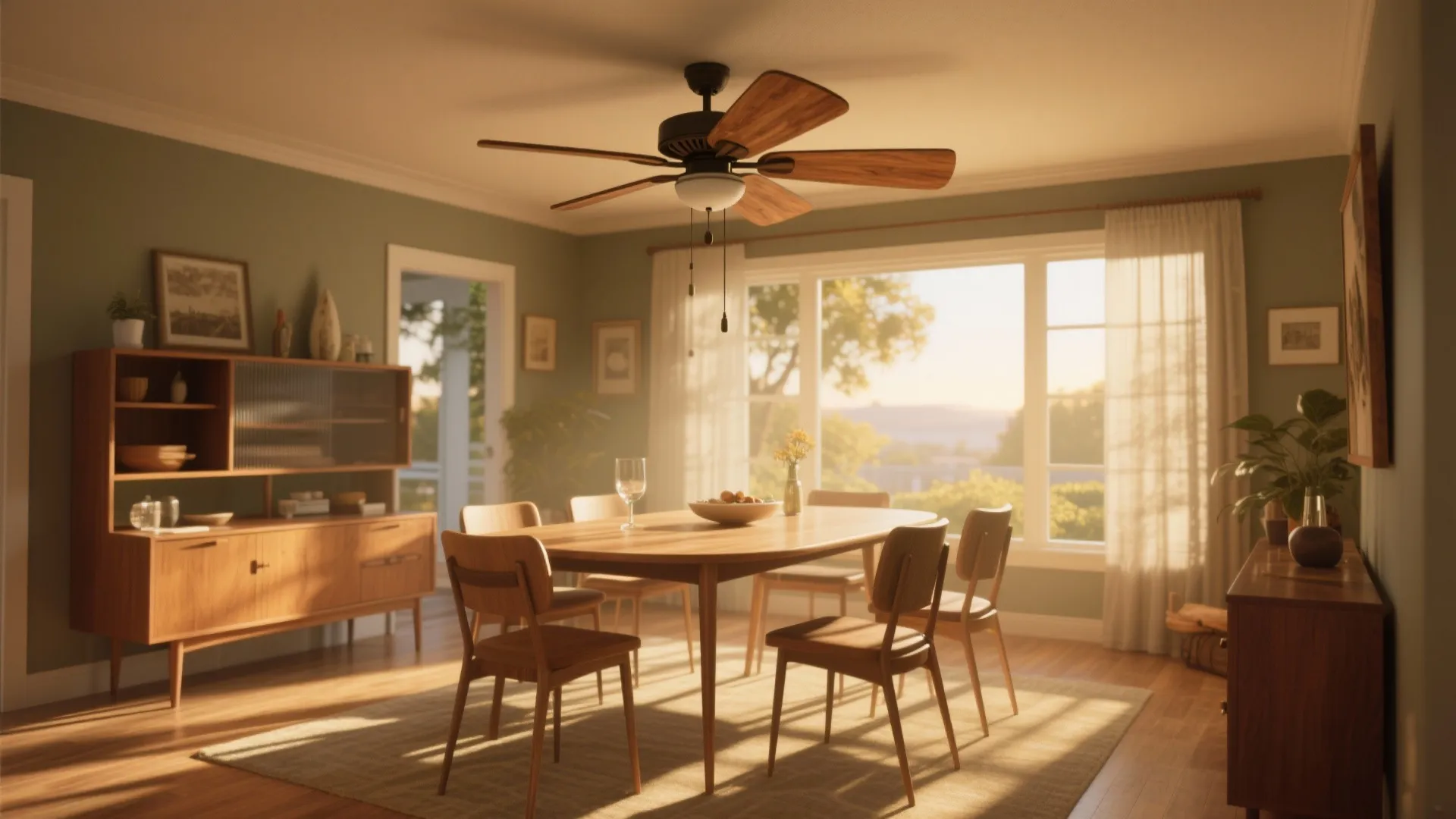 Mid-century dining room with oak wood bladed ceiling fan