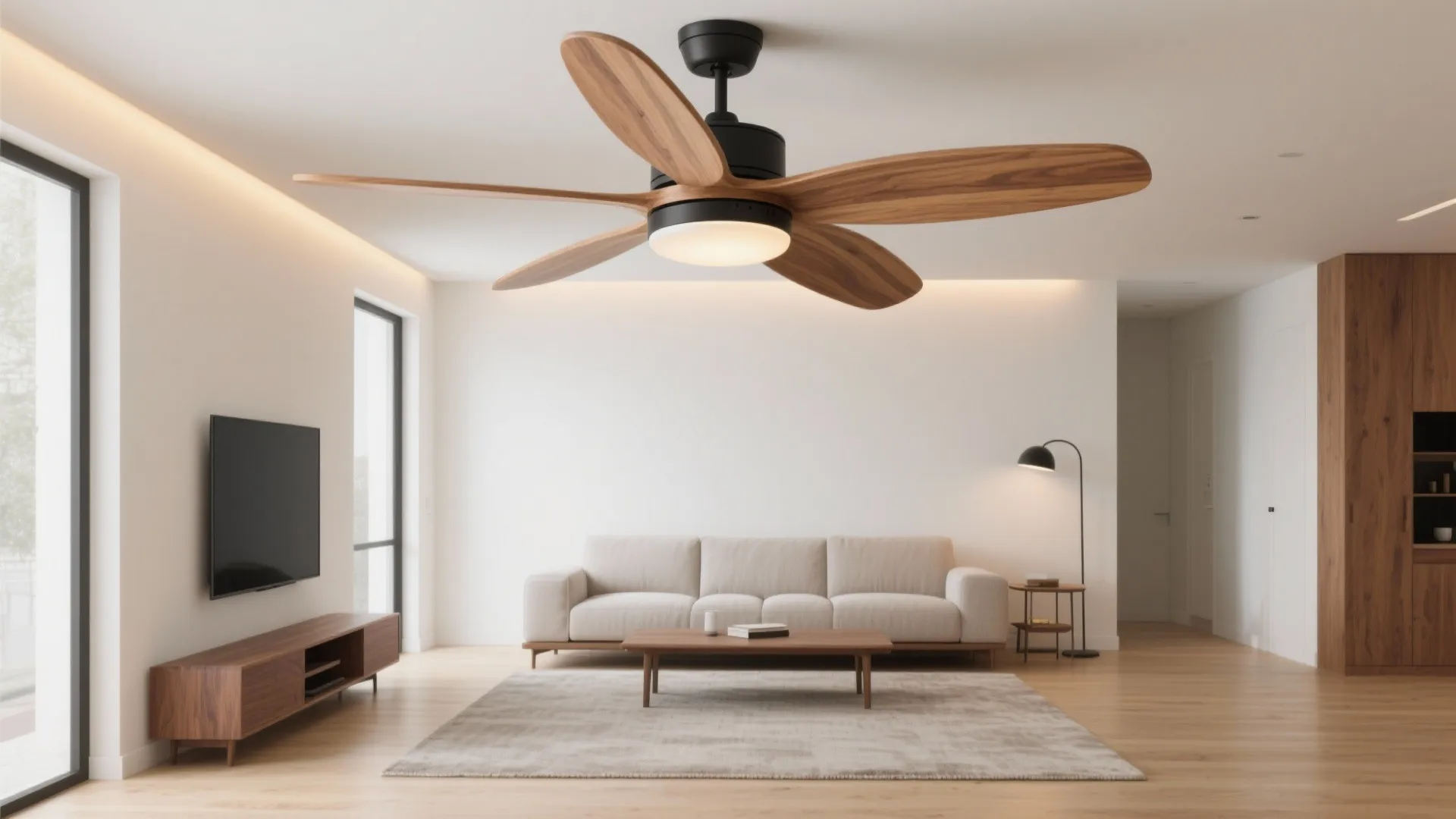 Minimalist living room featuring a large wood blade ceiling fan light and brown wood furniture